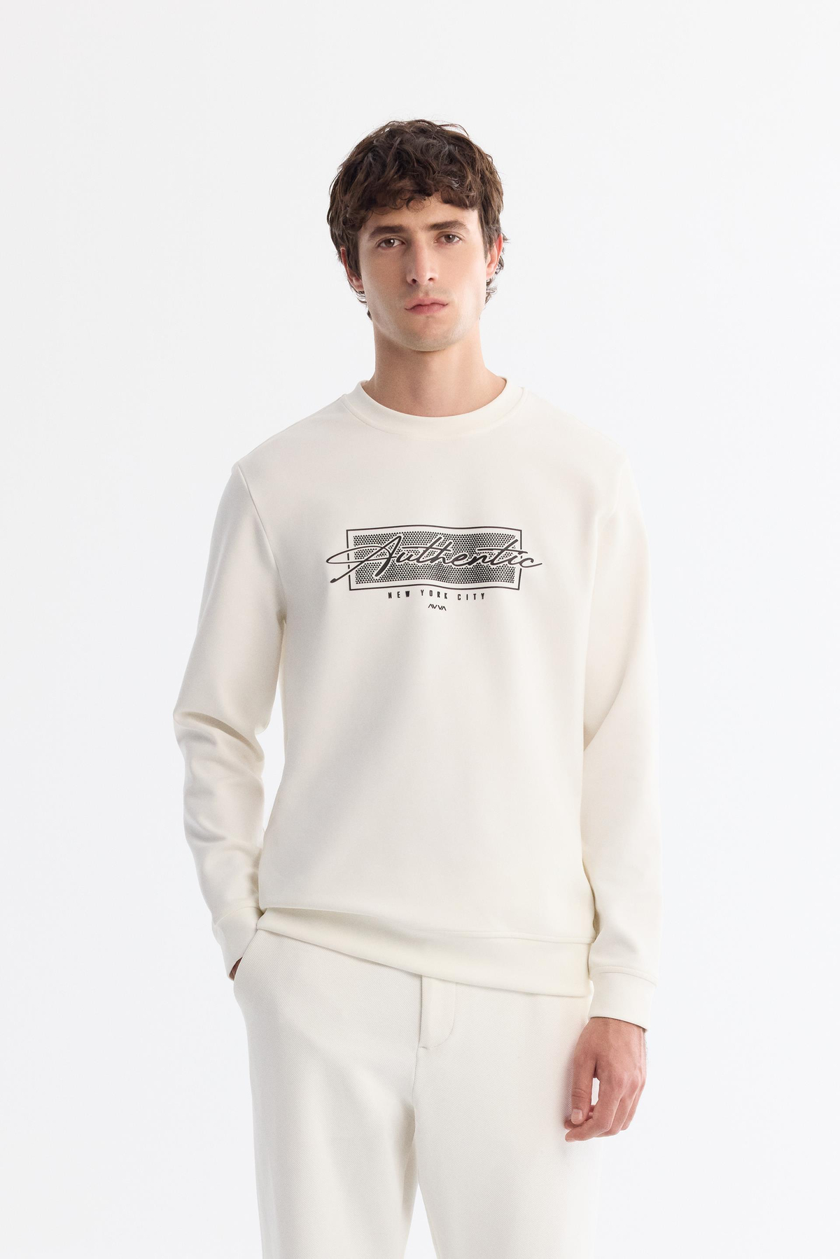 Ekru Bisiklet Yaka Pamuklu Baskılı Sweatshirt