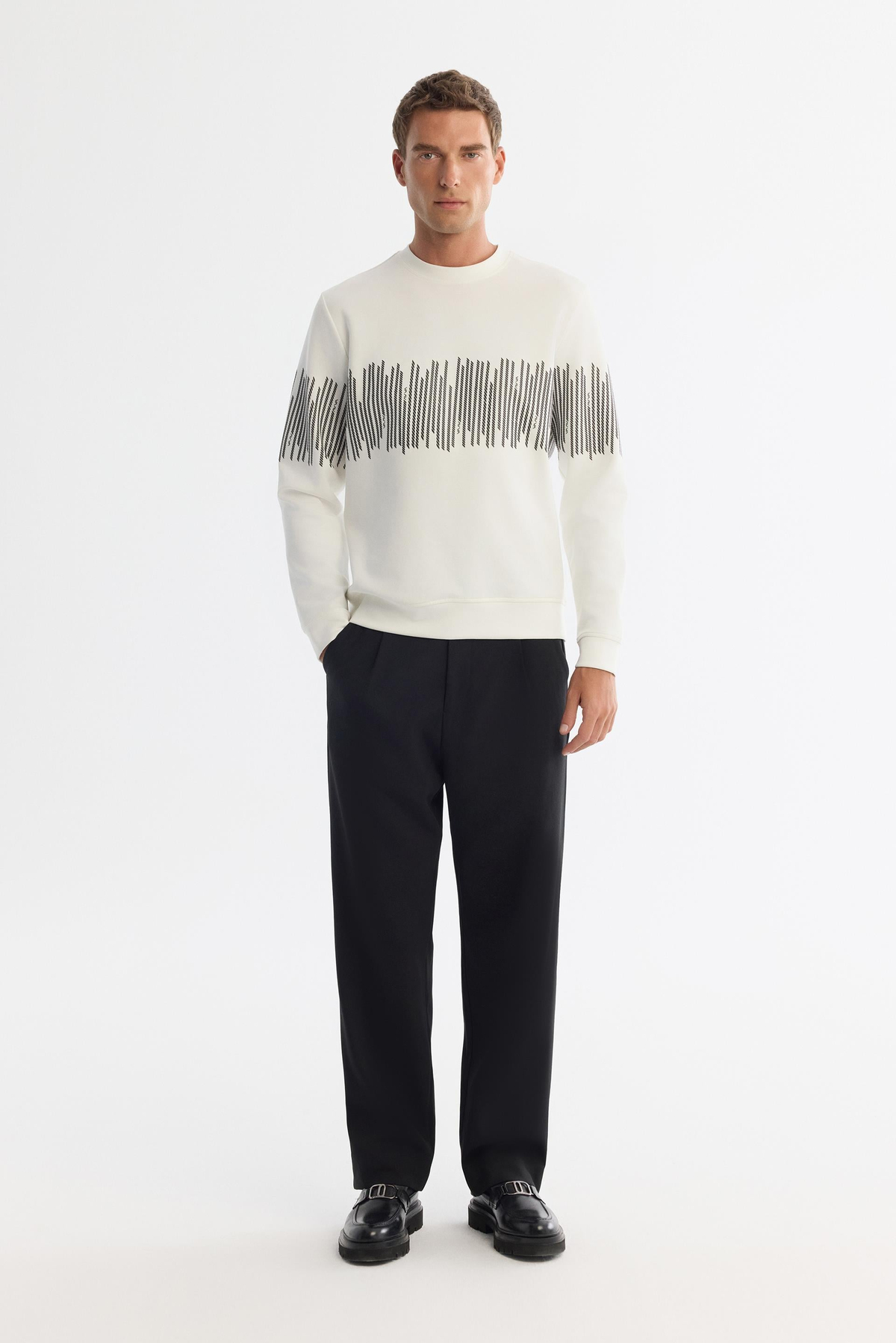 Ekru Bisiklet Yaka Pamuklu Çizgili Sweatshirt