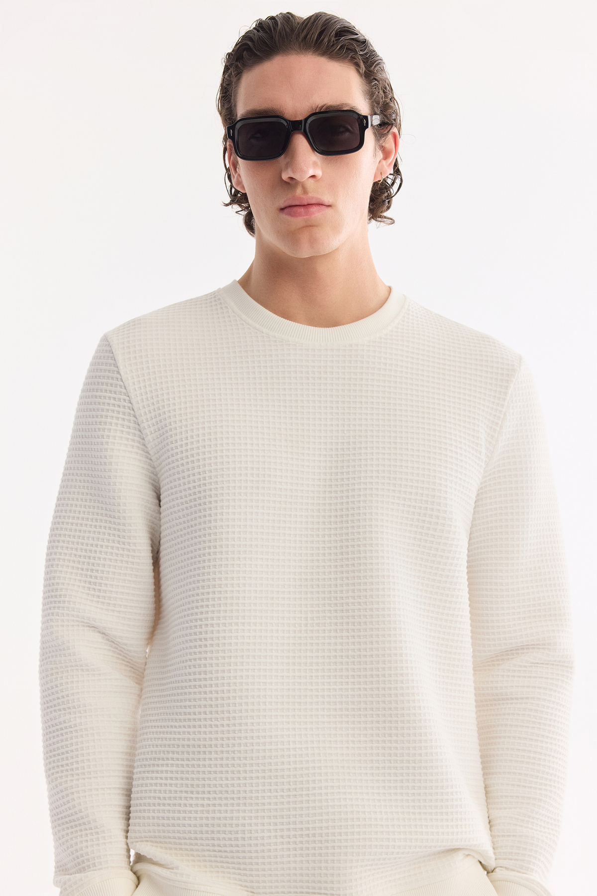 Ekru Bisiklet Yaka Pamuklu Kolay Ütülenen Sweatshirt