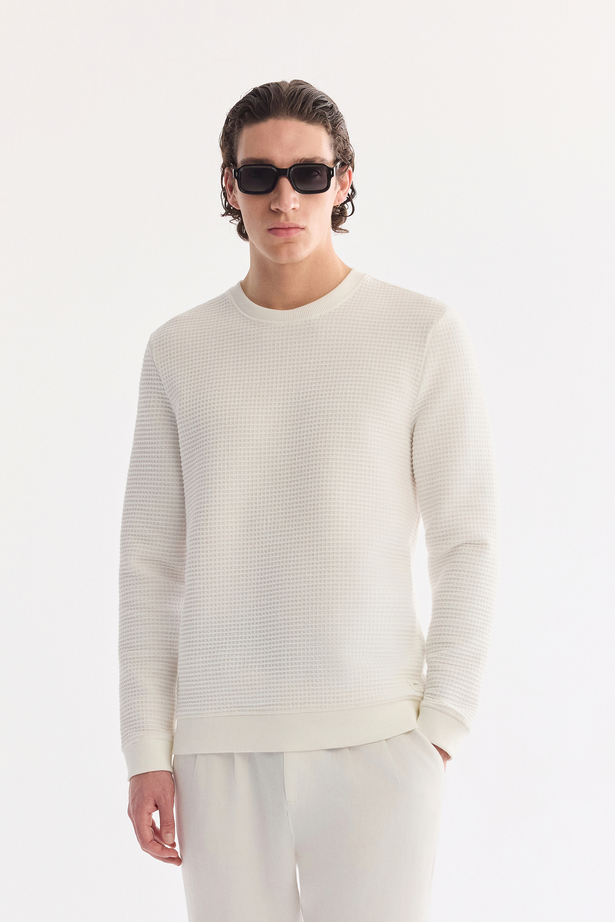 Ekru Bisiklet Yaka Pamuklu Kolay Ütülenen Sweatshirt