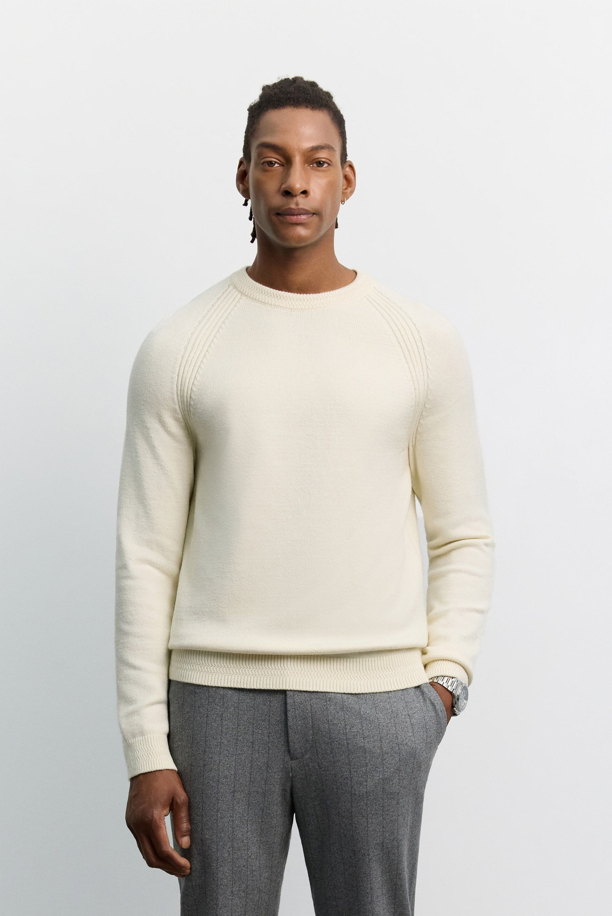 Ekru Bisiklet Yaka Reglan Kol Soft Touch Kalın Kazak