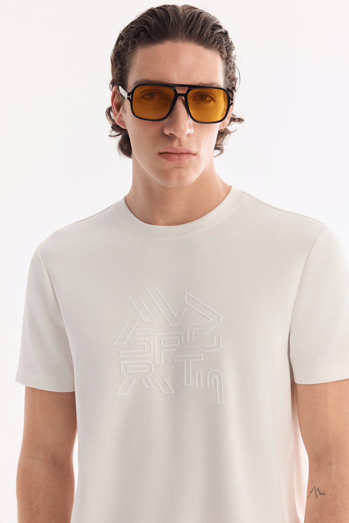 Ekru Bisiklet Yaka Silikon   Baskılı  İnterlok T-Shirt