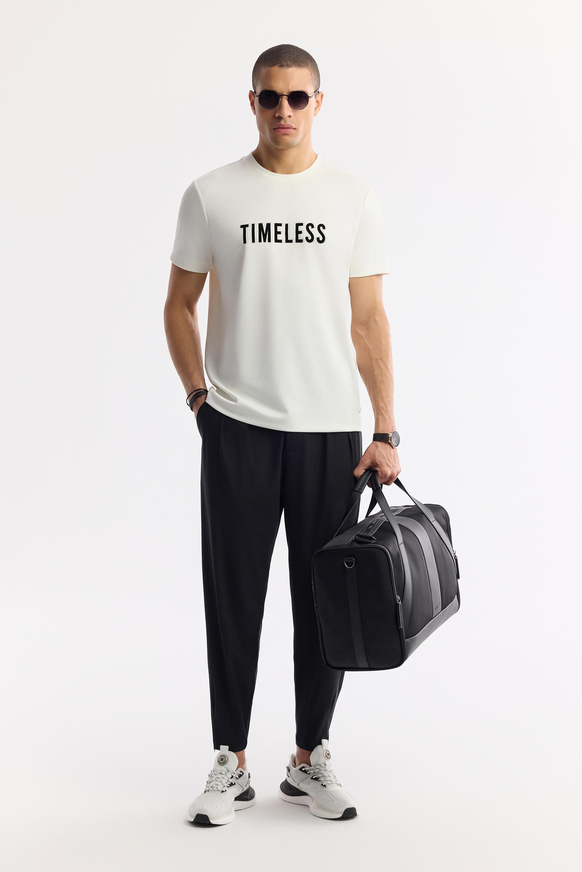 Ekru Bisiklet Yaka Slogan Baskılı İnterlok T-Shirt