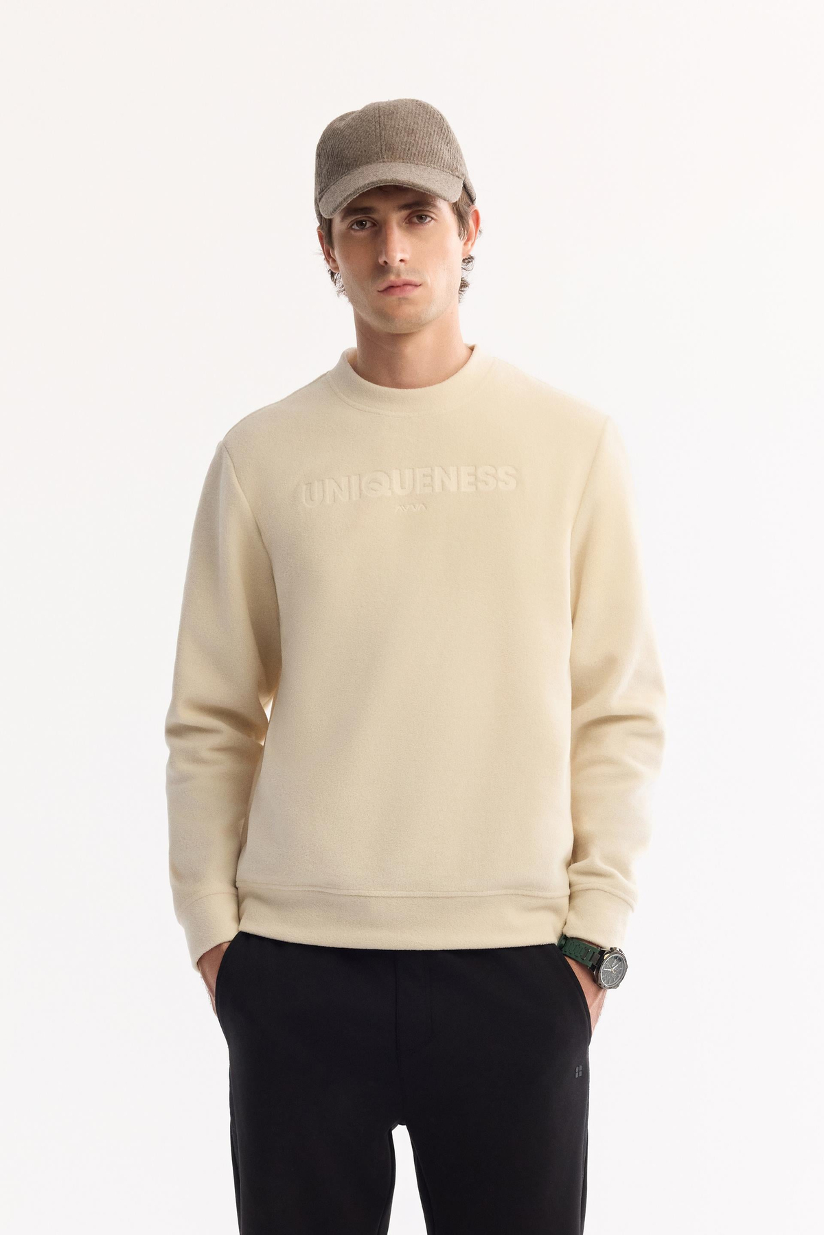 Ekru Bisiklet Yaka Slogan  Baskılı Polar Sweatshirt