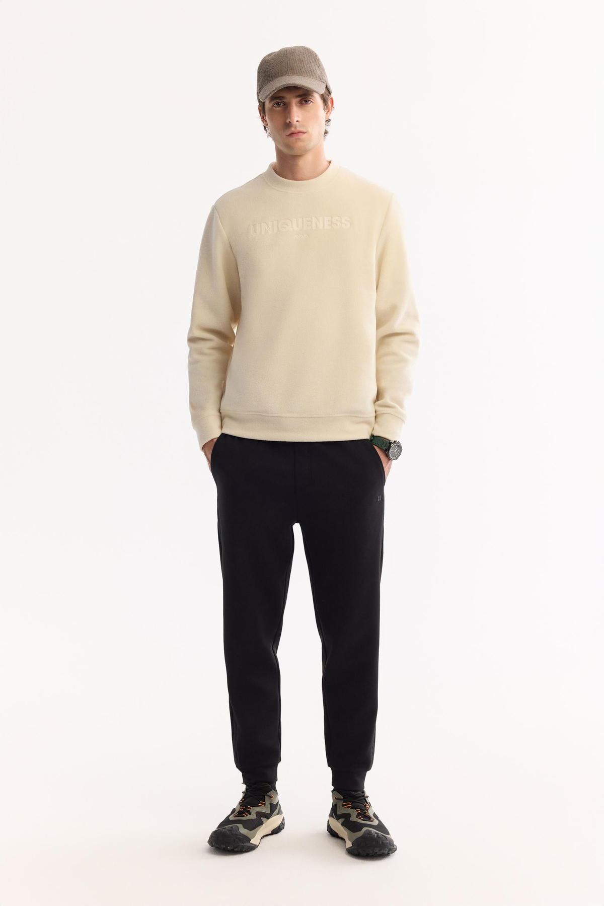 Ekru Bisiklet Yaka Slogan  Baskılı Polar Sweatshirt