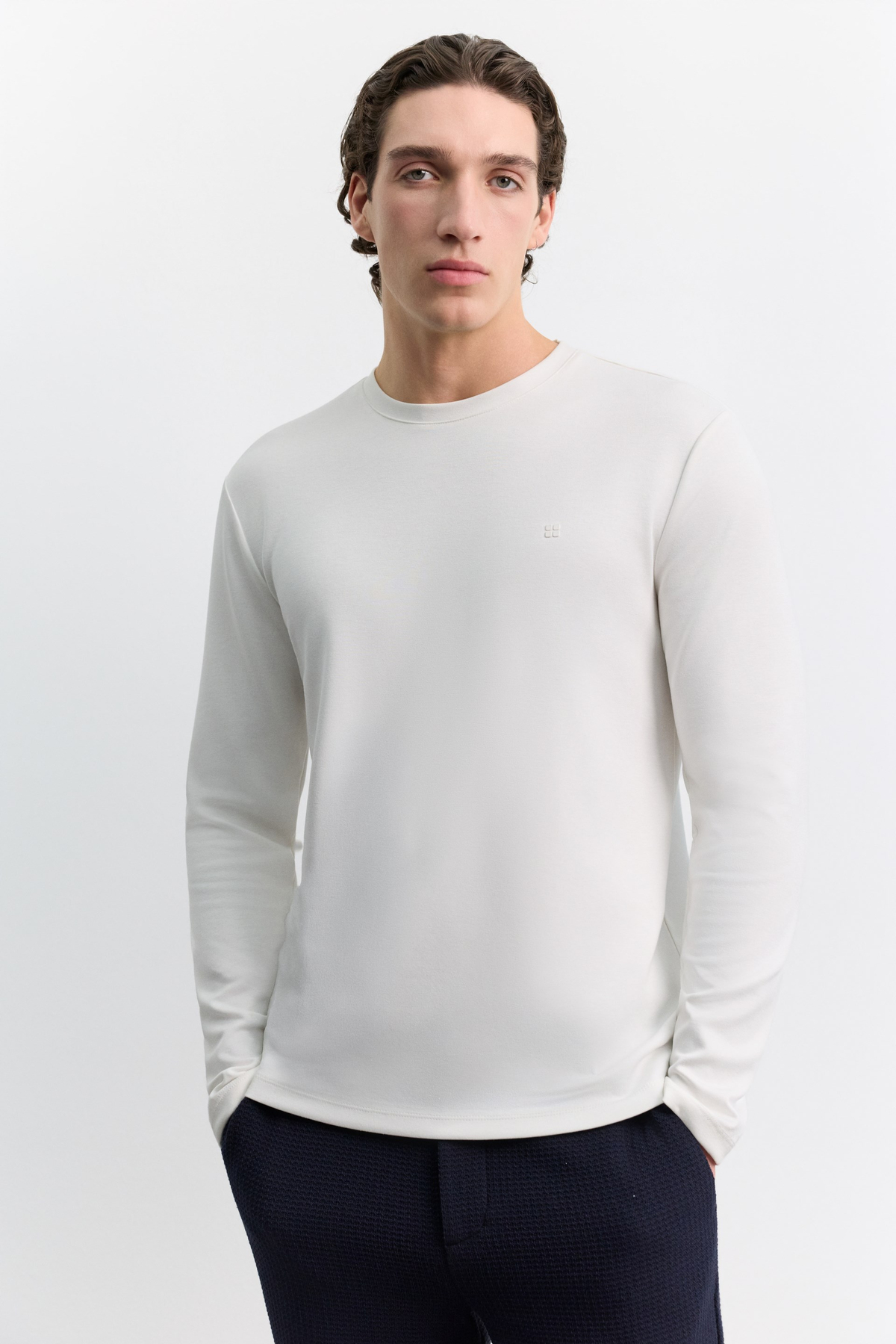 Ekru Bisiklet Yaka Viskon Karışımlı Bi-Stretch Basic Sweatshirt