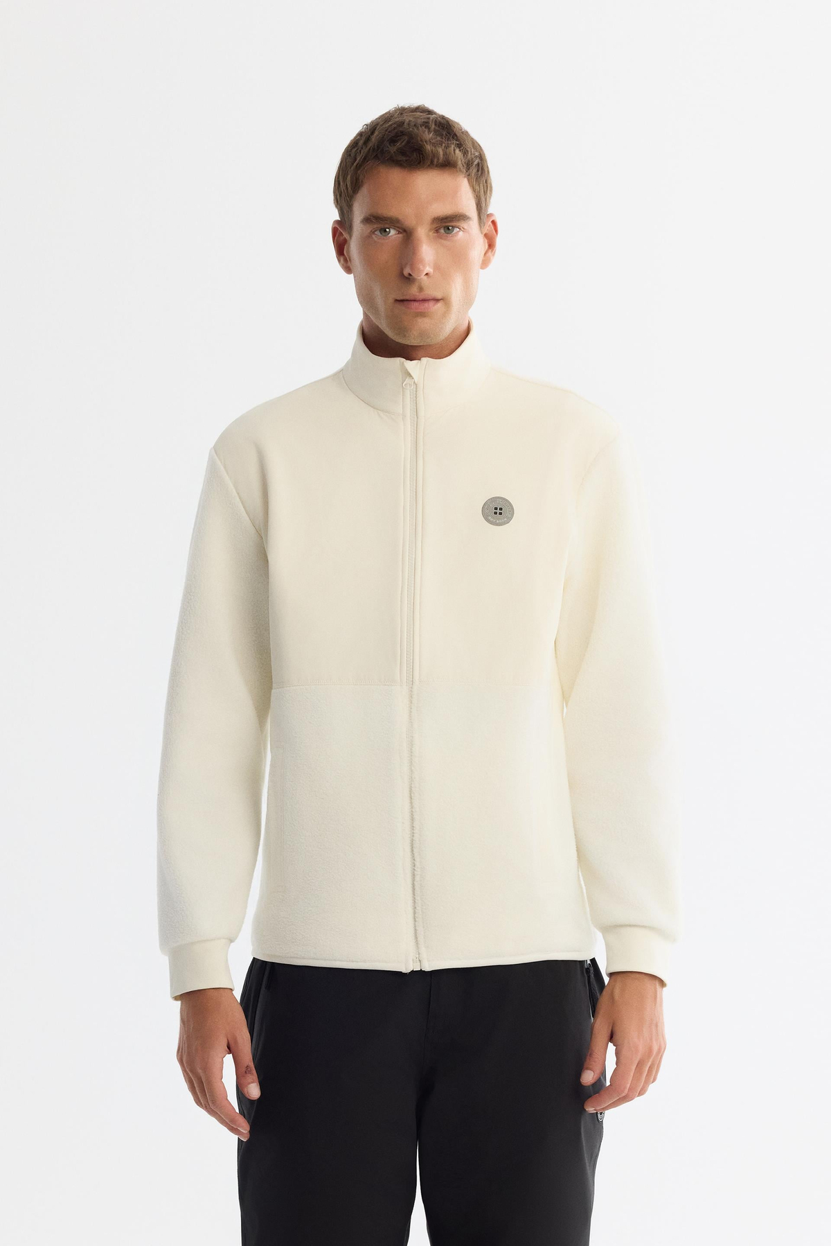 Ekru Dik Yaka Baskılı Fermuarlı Sweatshirt