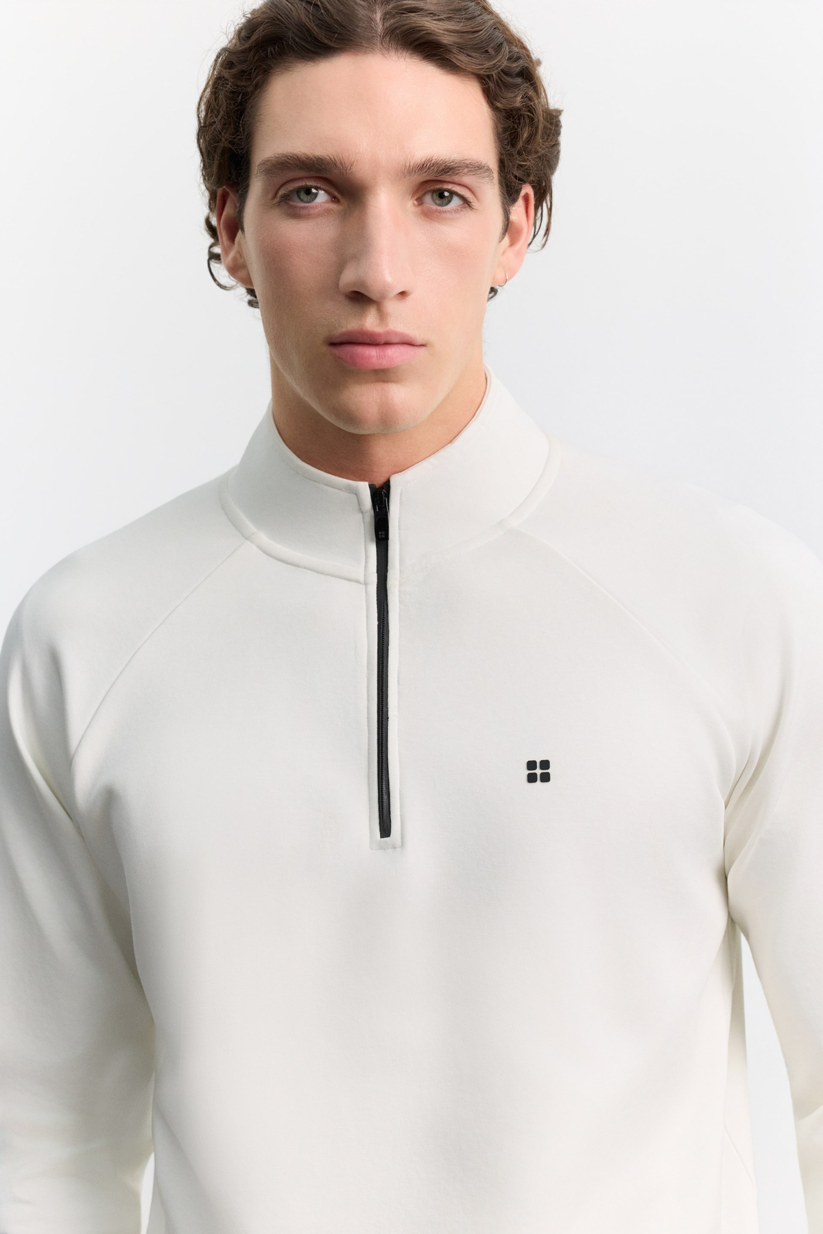 Ekru Dik Yaka Fermuarlı Reglan Kol İnterlok Sweatshirt