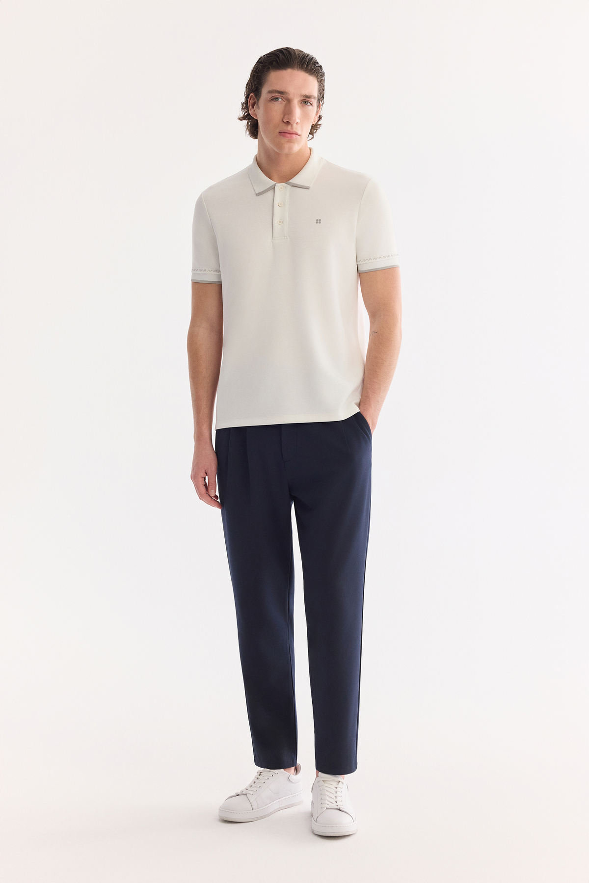 Ekru Düğmeli  Polo Yaka Flexi Bask İnterlok T-Shirt