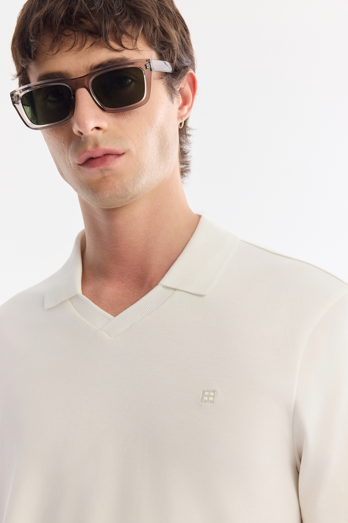Ekru Düğmesiz Polo Yaka İnterlok  T-Shirt