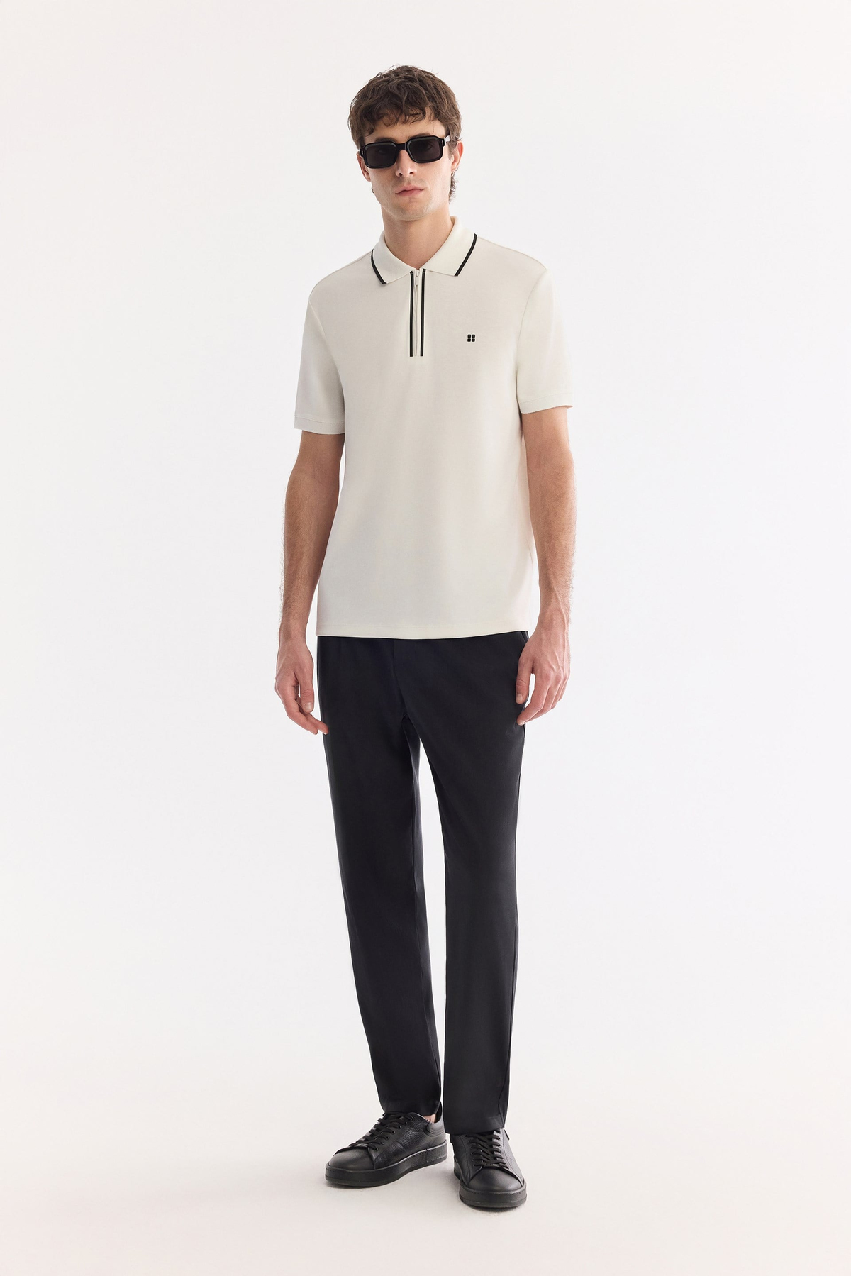 Ekru Fermuarlı Polo Yaka Filexi  Baskılı İnterlok  T-Shirt