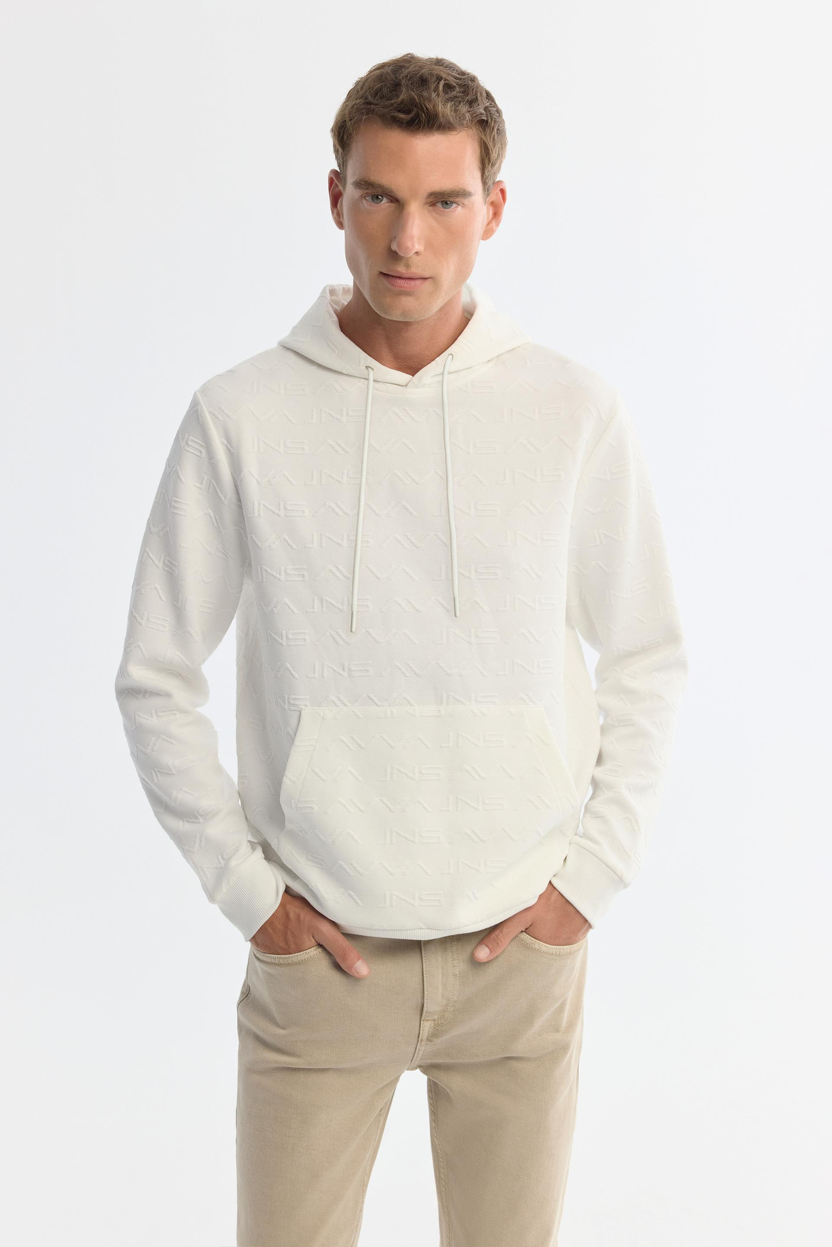 Ekru Kapüşonlu Baskılı Sweatshirt