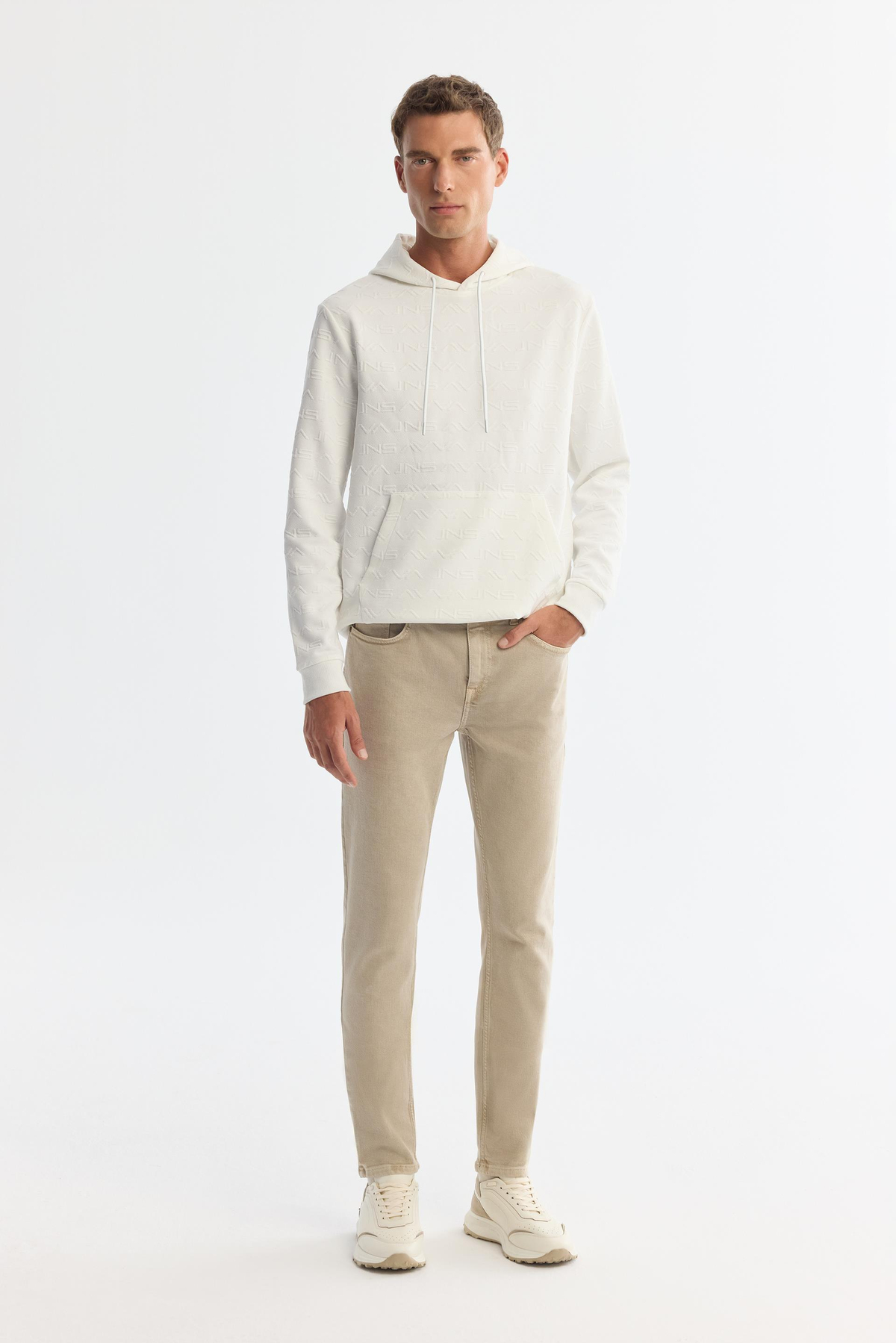 Ekru Kapüşonlu Baskılı Sweatshirt