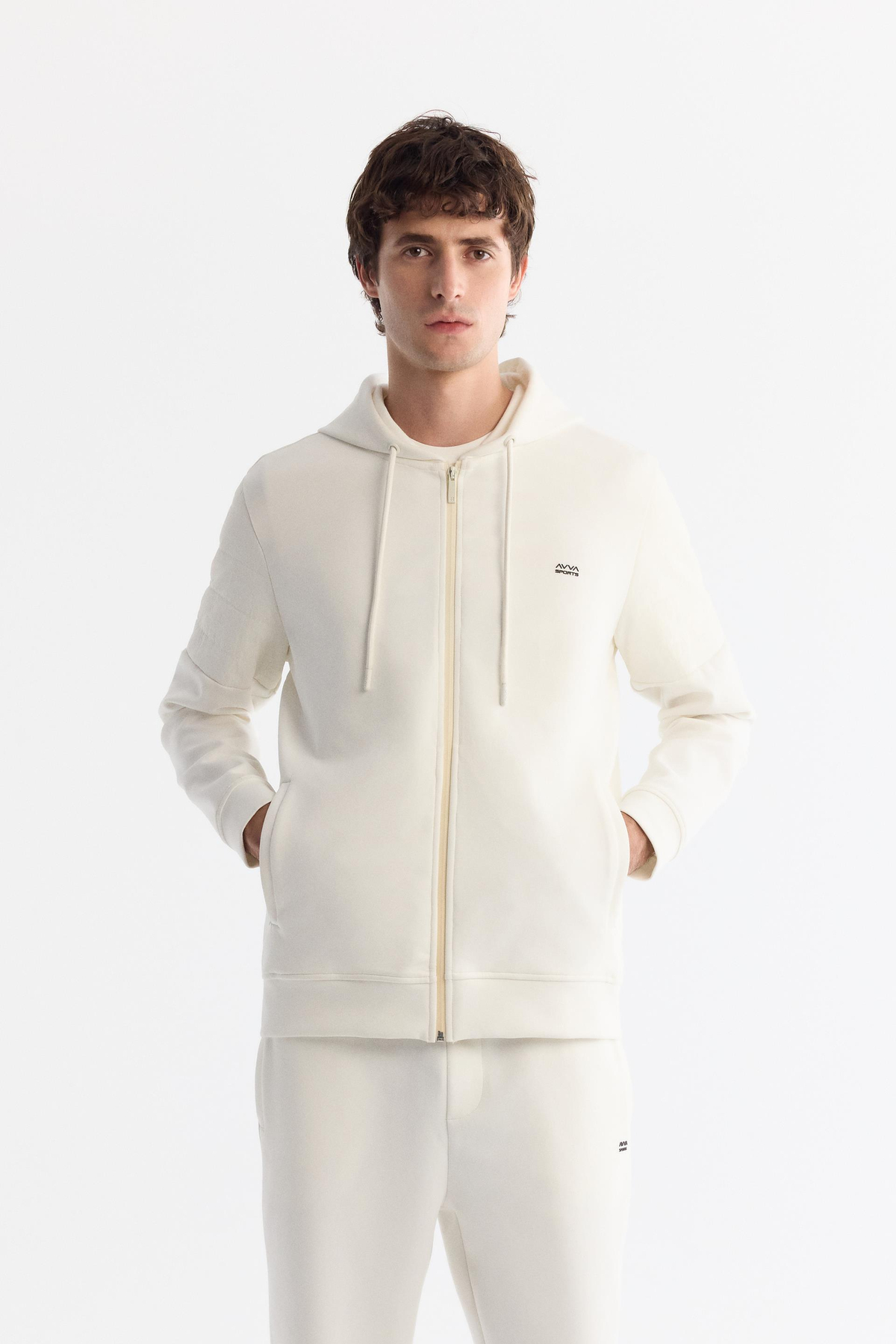 Ekru Kapüşonlu Pamuklu Fermuarlı Elastan Sweatshirt