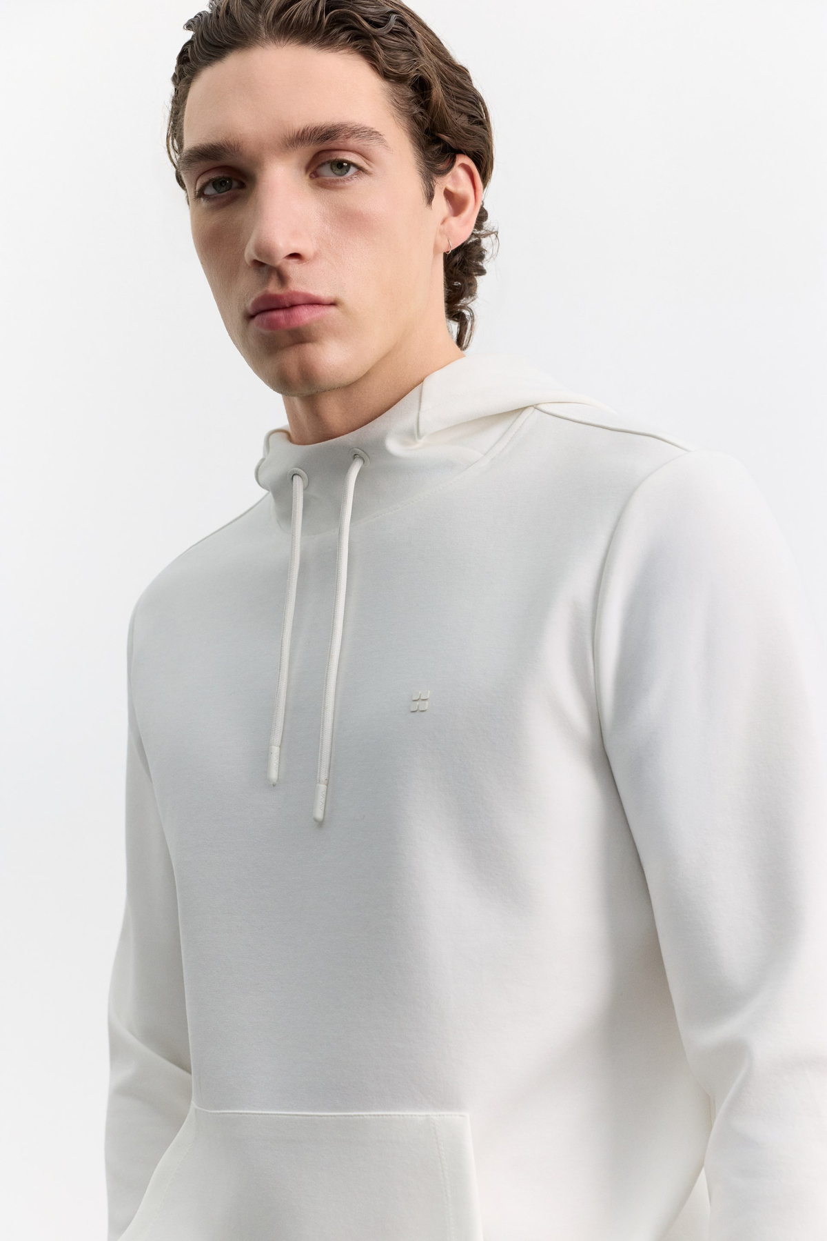 Ekru Kapüşonlu Yaka Kanguru Cepli İnterlok Sweatshirt
