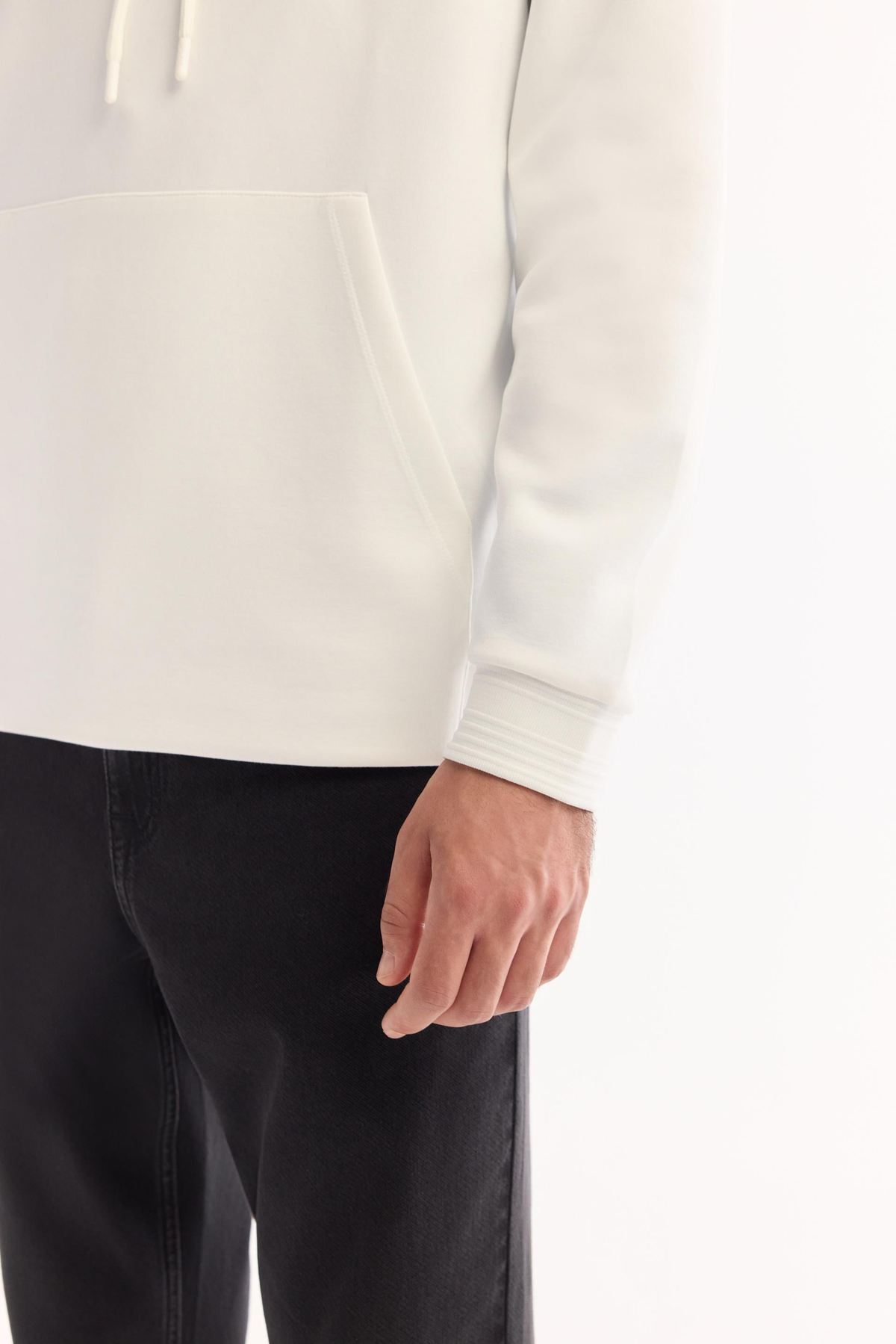 Ekru Kapüşonlu Yaka Kanguru Cepli   İnterlok Sweatshirt