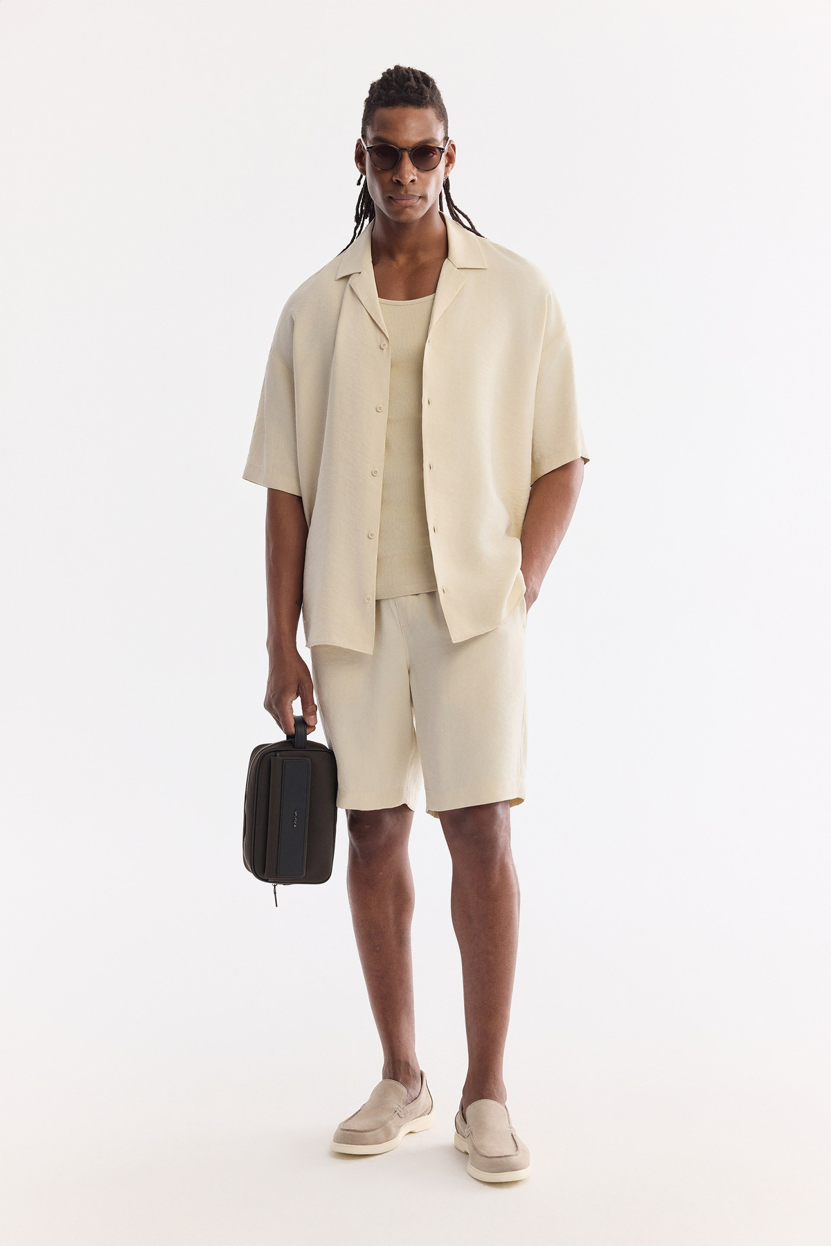 Ekru Küba Yaka Modal Karışımlı Oversize Fit Kısa Kol Gömlek