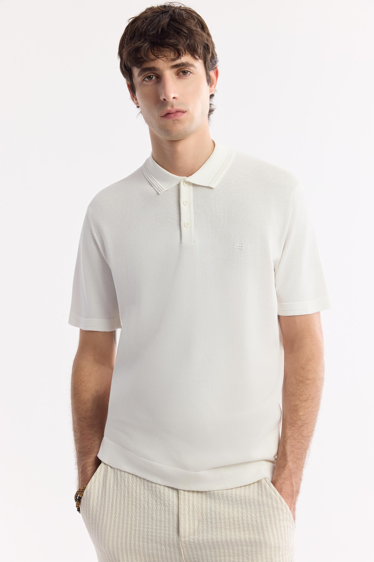 Ekru Polo Yaka Basic Rayon Triko T-shirt
