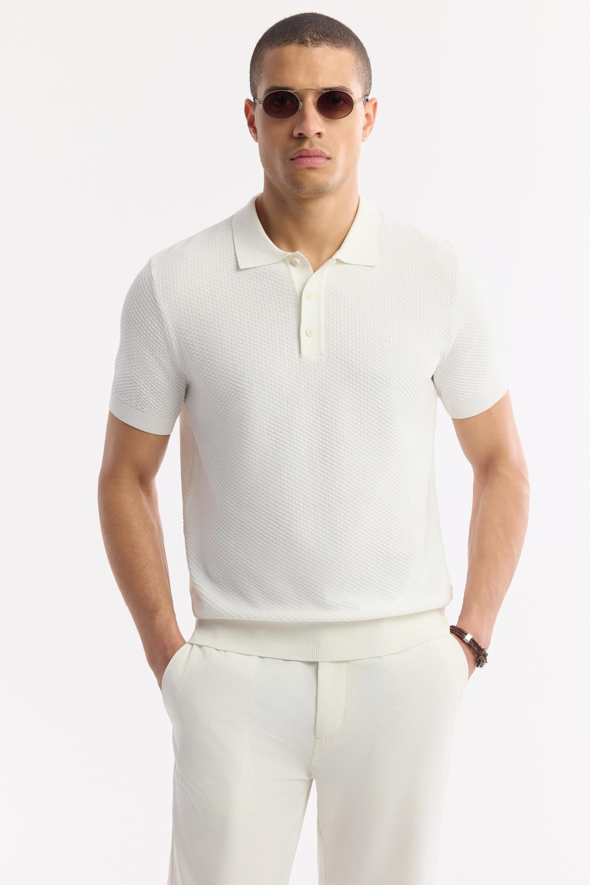 Ekru Polo Yaka Dokulu Triko T-shirt