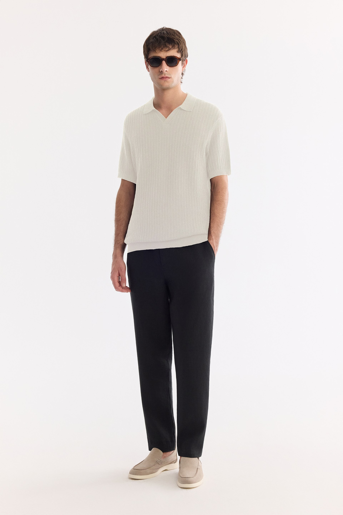Ekru Polo Yaka Düğmesiz Soft Touch Triko T-Shirt