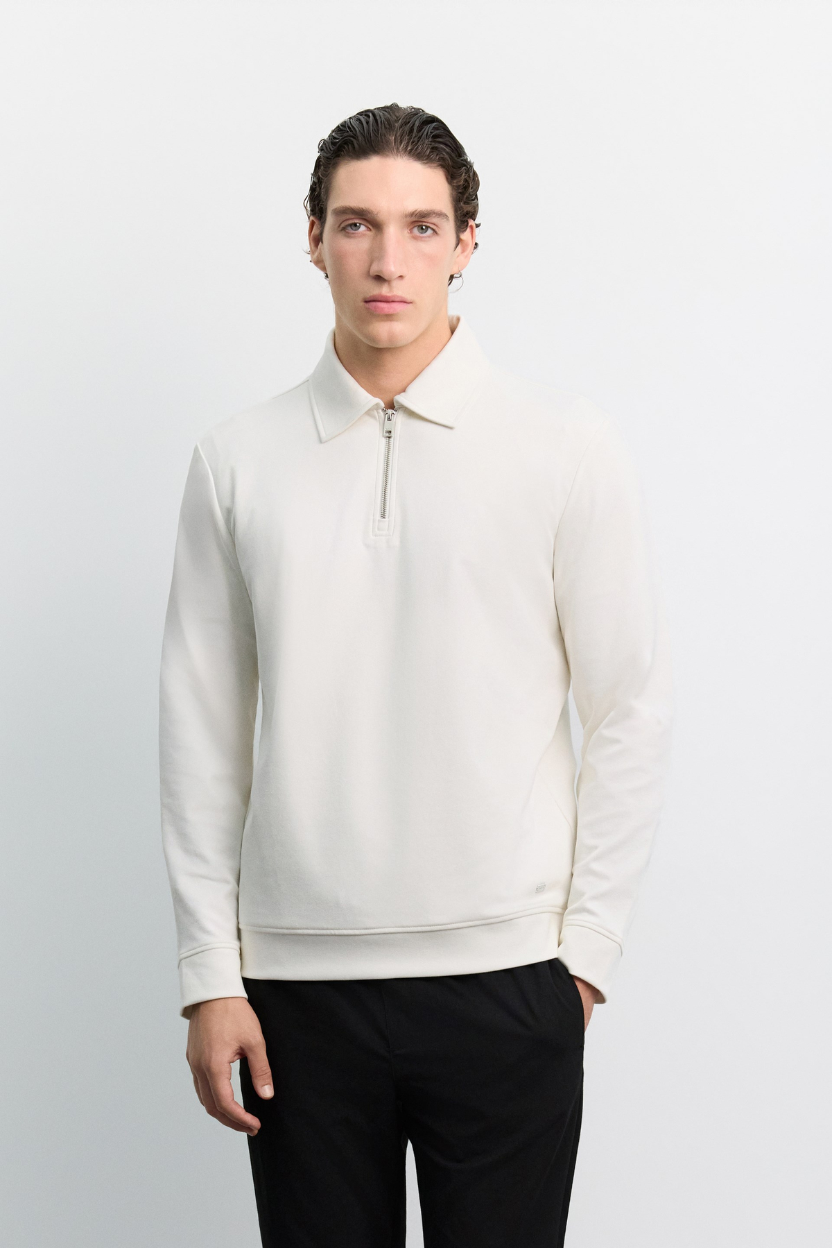 Ekru Polo Yaka Fermuarlı İnterlok  Sweatshirt