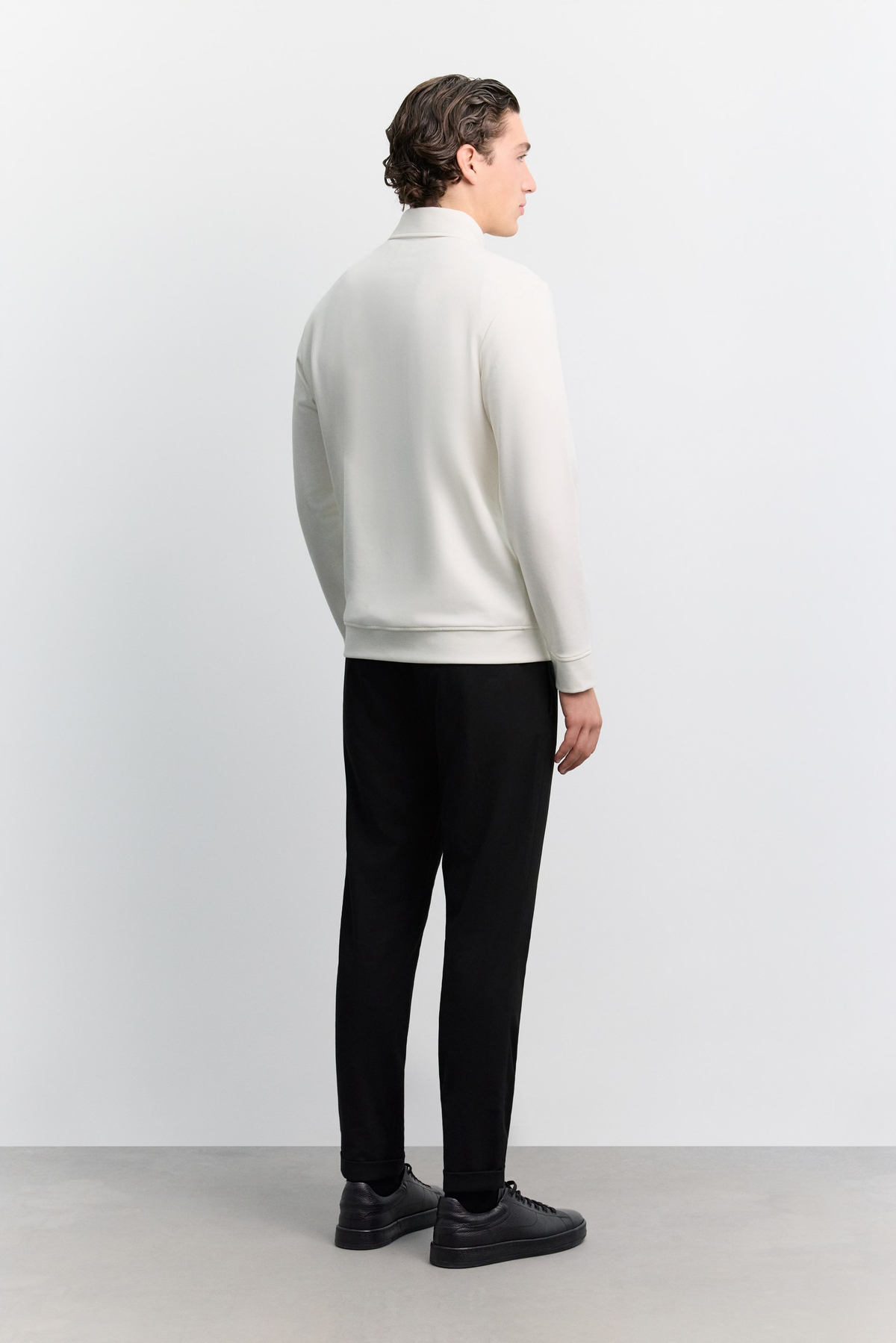 Ekru Polo Yaka Fermuarlı İnterlok  Sweatshirt