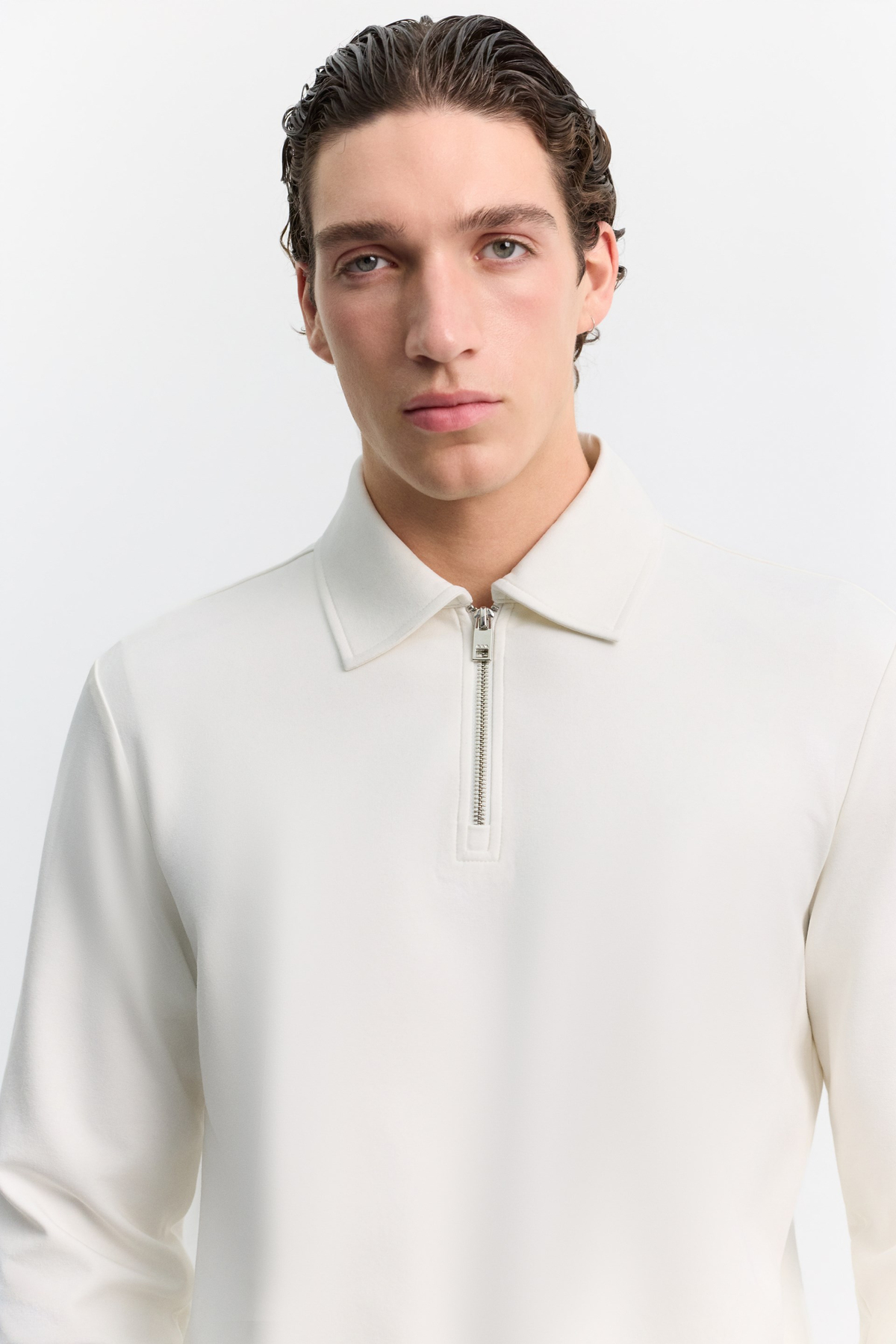 Ekru Polo Yaka Fermuarlı İnterlok  Sweatshirt