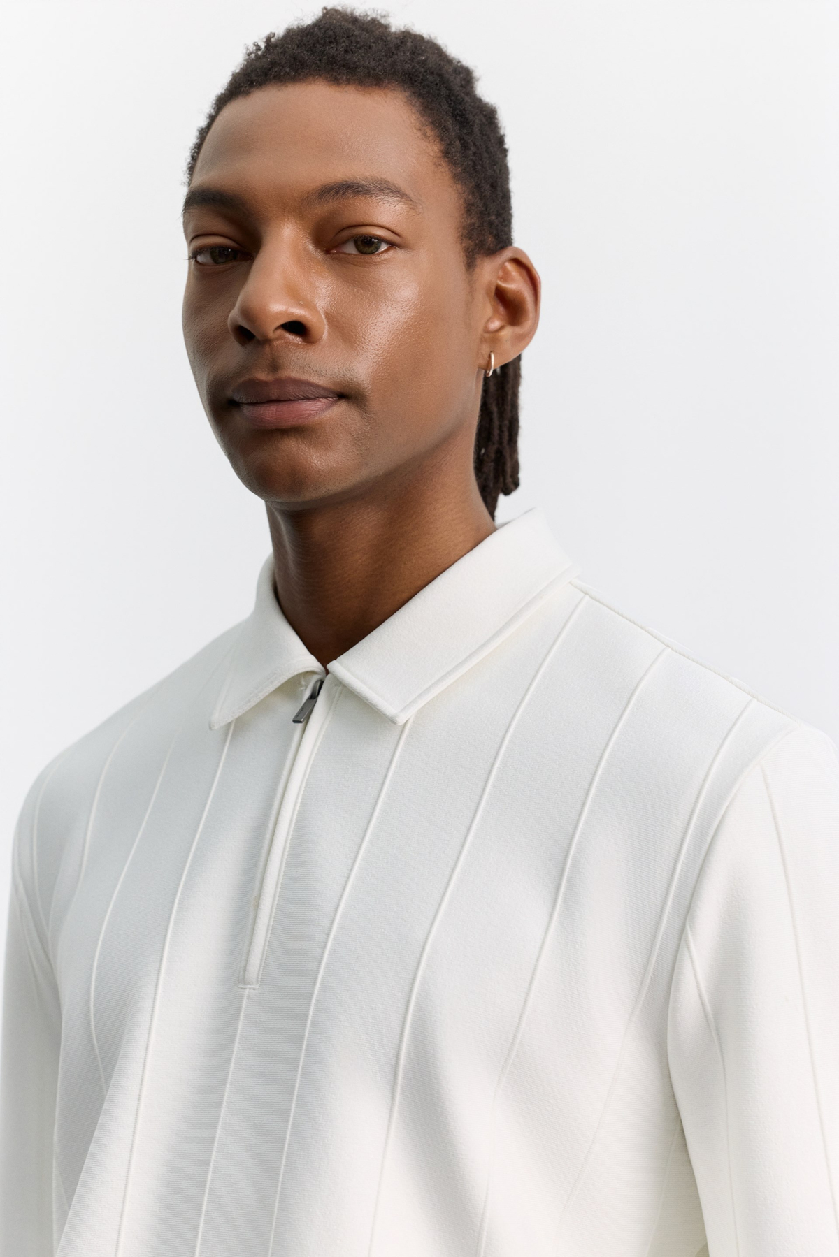 Ekru Polo Yaka Fermuarlı Jakarlı Sweatshirt