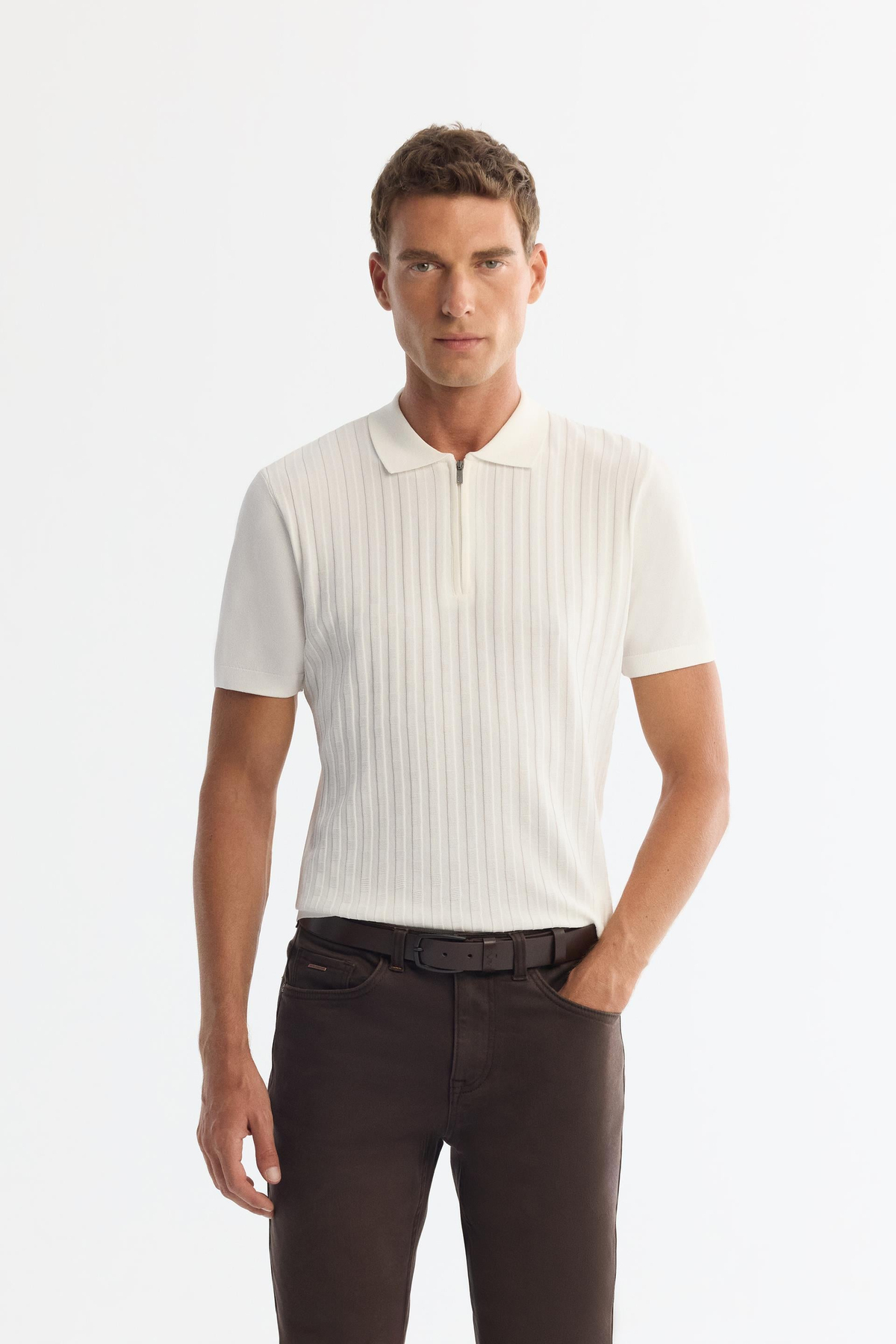 Ecru Half Zip Knit Polo