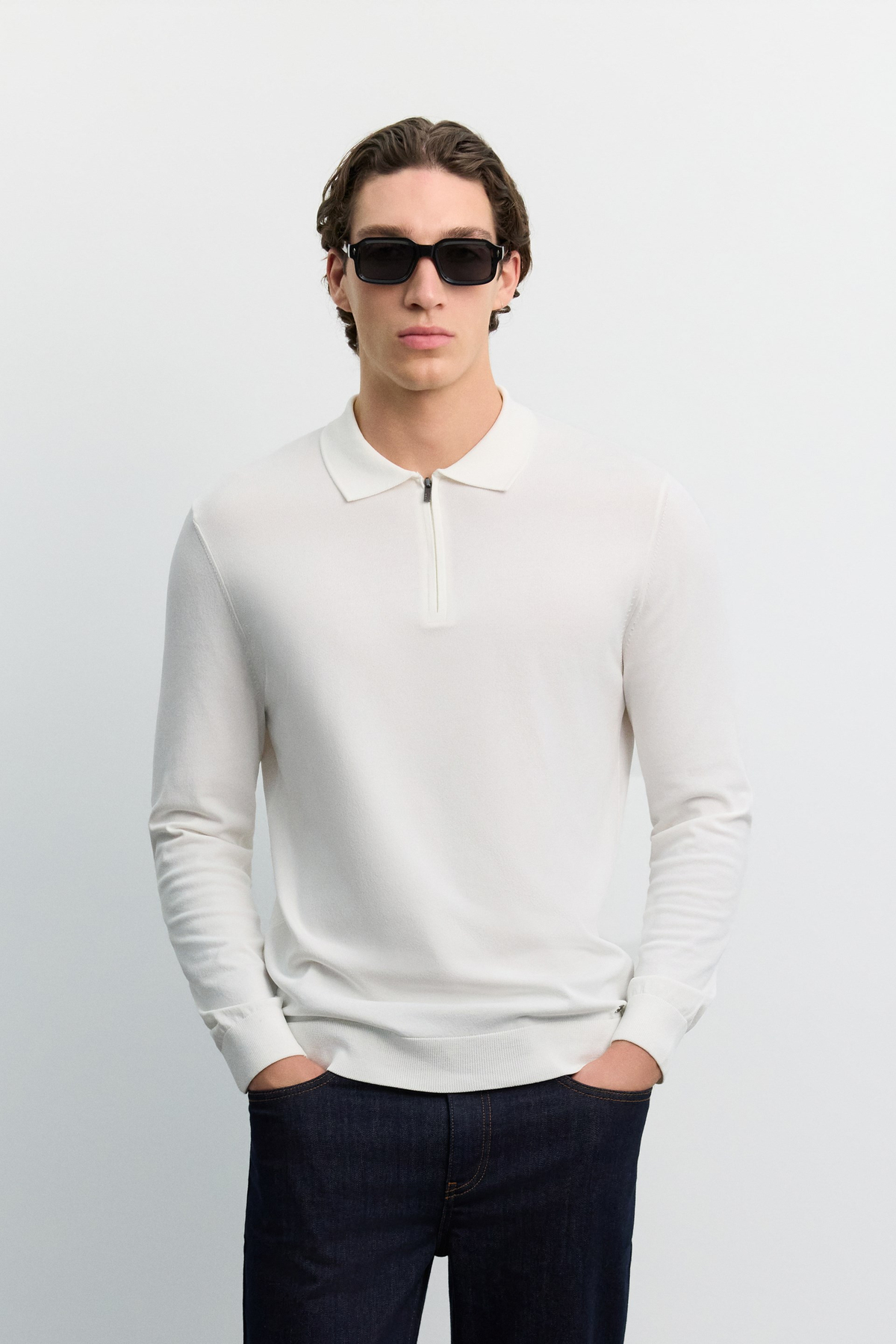 Ekru Polo Yaka Fermuarlı Rayon Tüylenmeyen Basic Triko Kazak