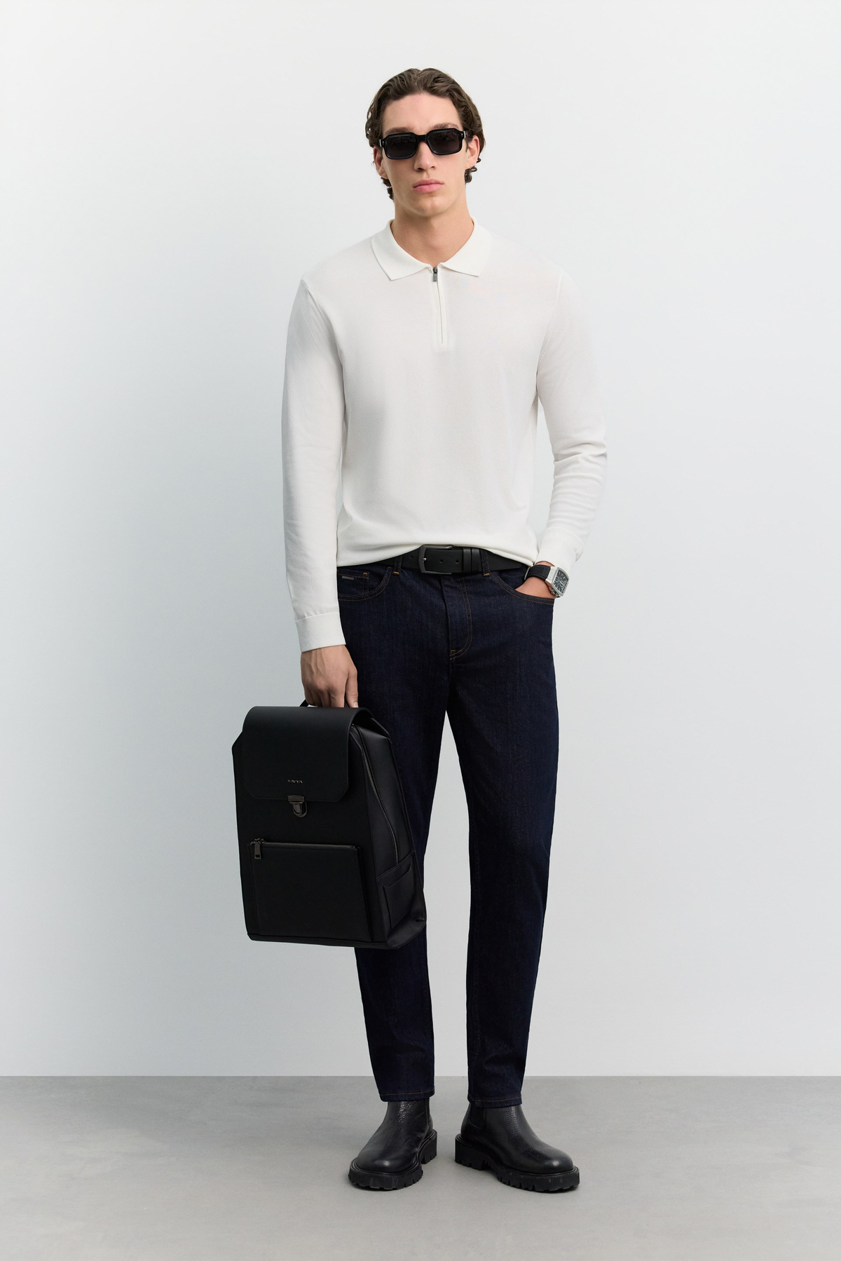 Ekru Polo Yaka Fermuarlı Rayon Tüylenmeyen Basic Triko Kazak