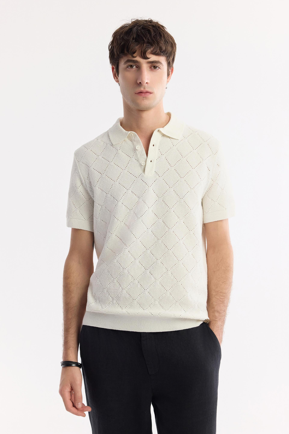 Ekru Polo Yaka Jakarlı Buklet İplik Triko T-shirt