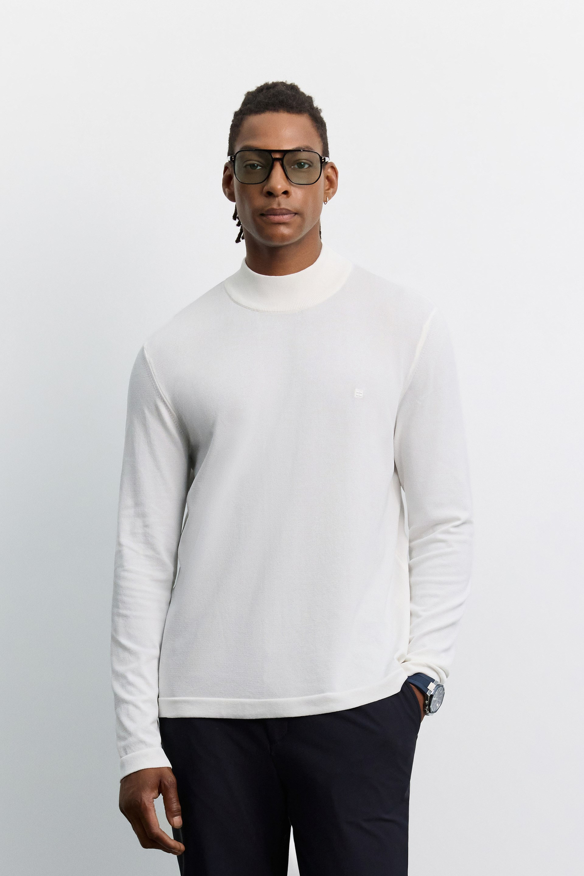 Ecru Half Turtleneck Rayon Basic Knit Sweater