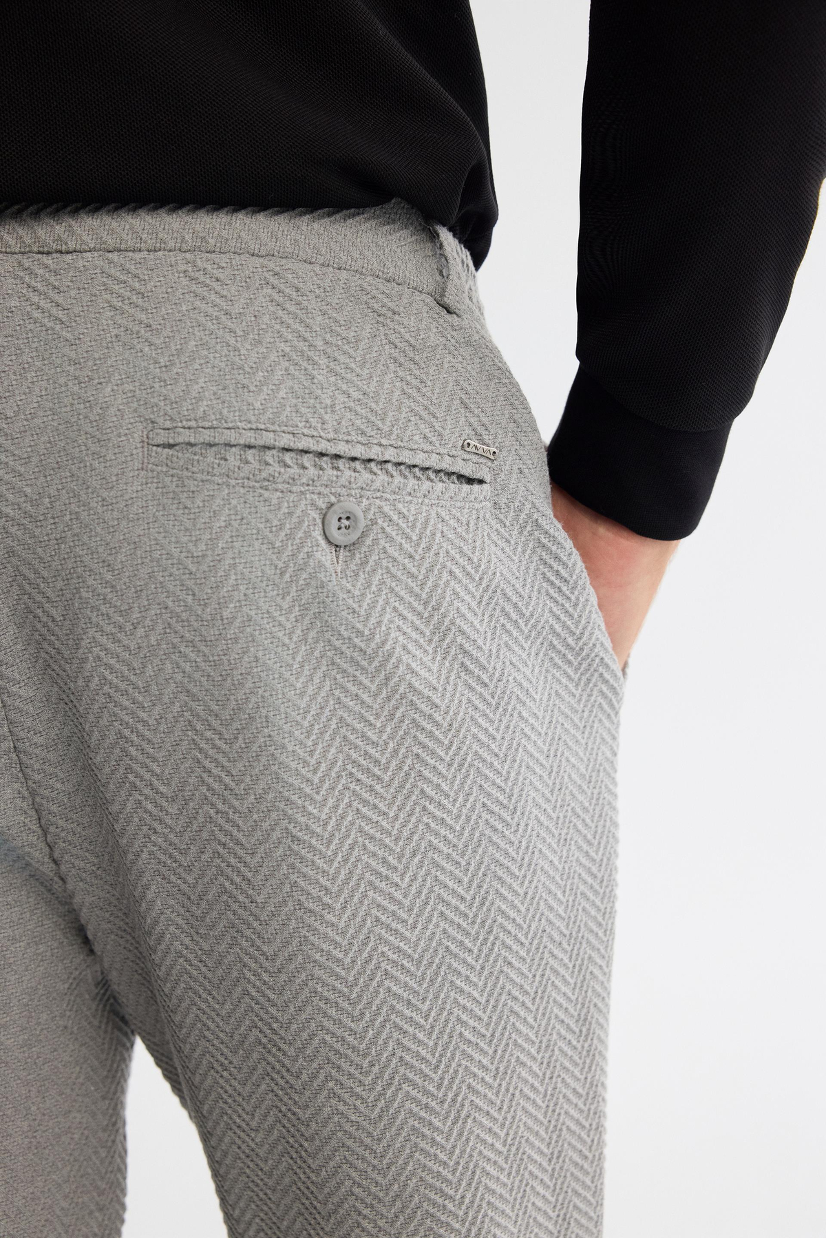 Gri Balık Sırtı Dokulu Yanı Lastikli Chino Slim Fit Pantolon