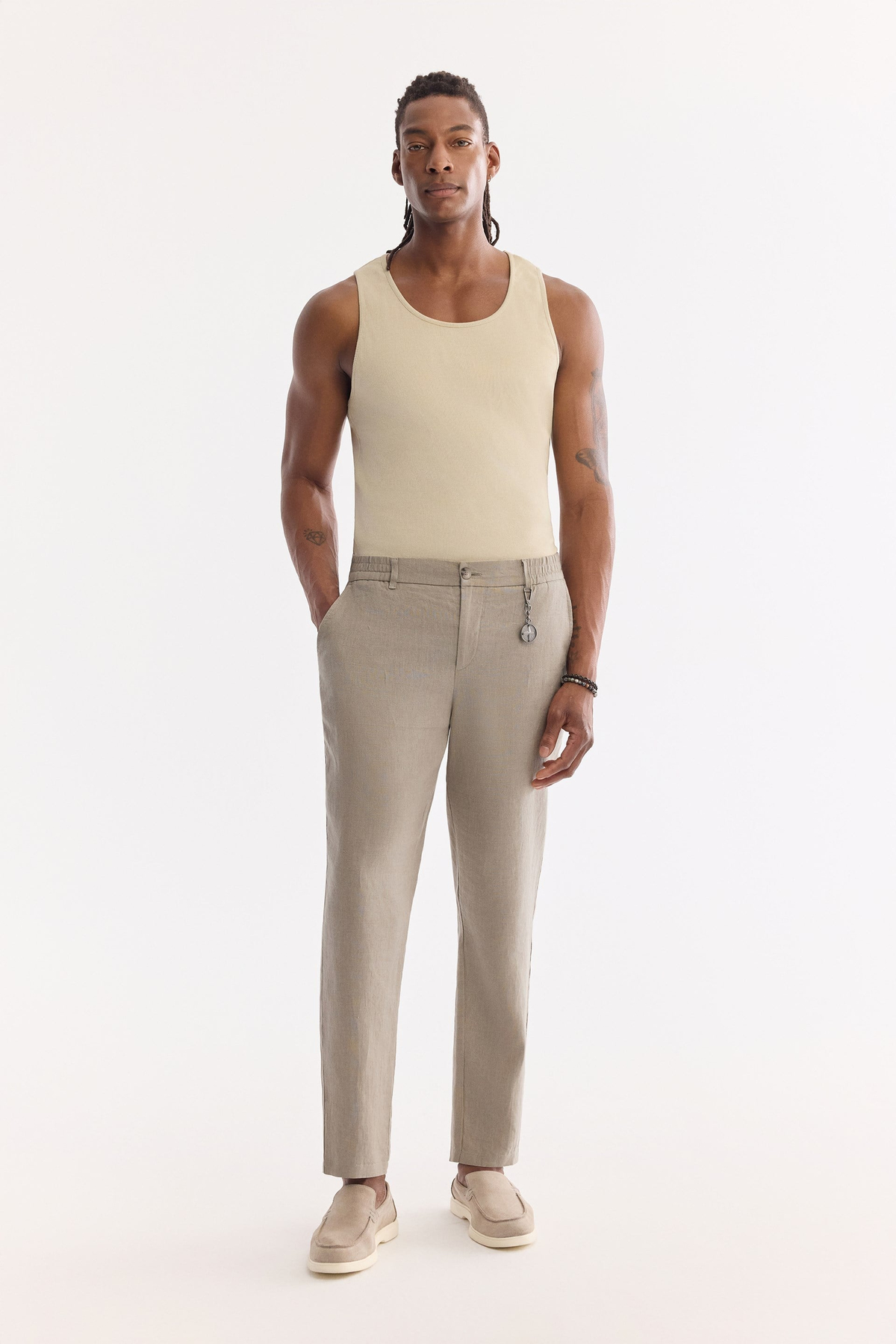 Grey Elastic Waist Drawstring 100% Linen Pants