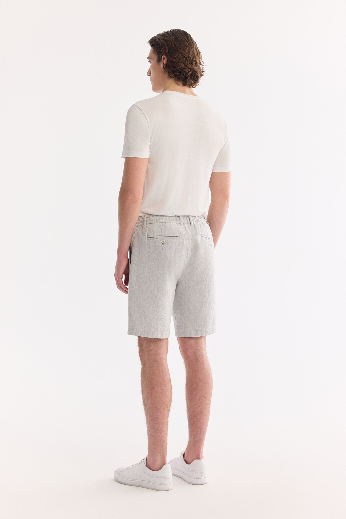 Grey Elastic Waist Linen-Blend Shorts