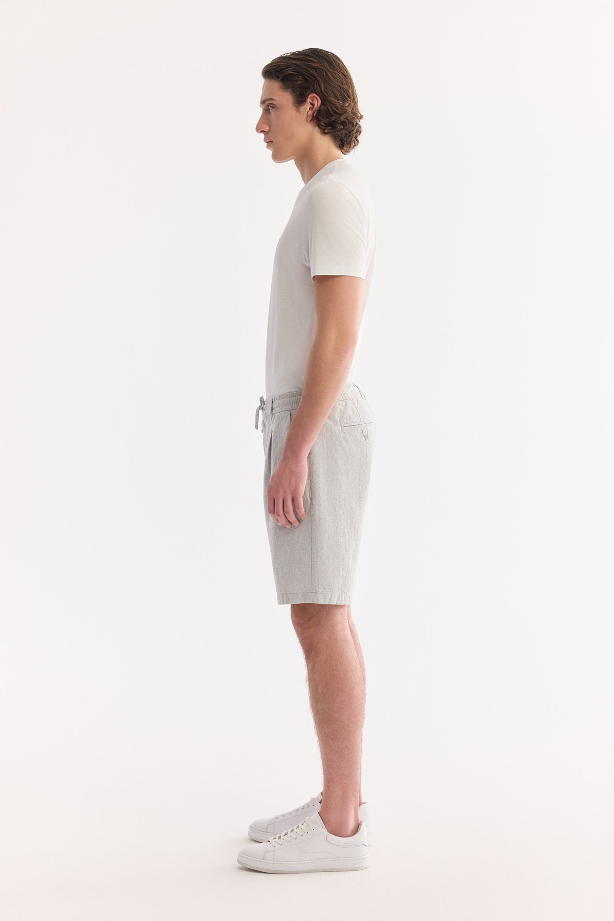 Grey Elastic Waist Linen-Blend Shorts