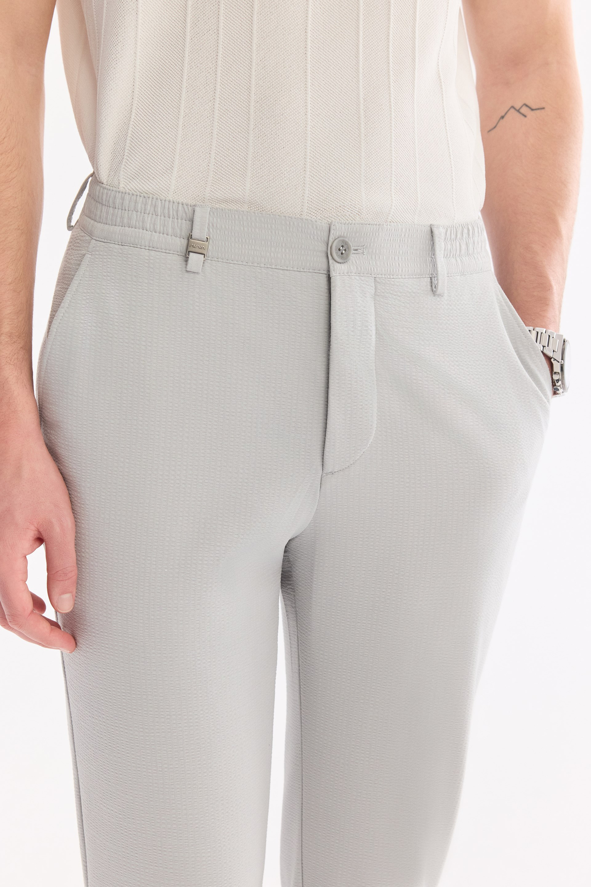 Gri Beli Lastikli Viskon Karışımlı Elastan Chino Pantolon