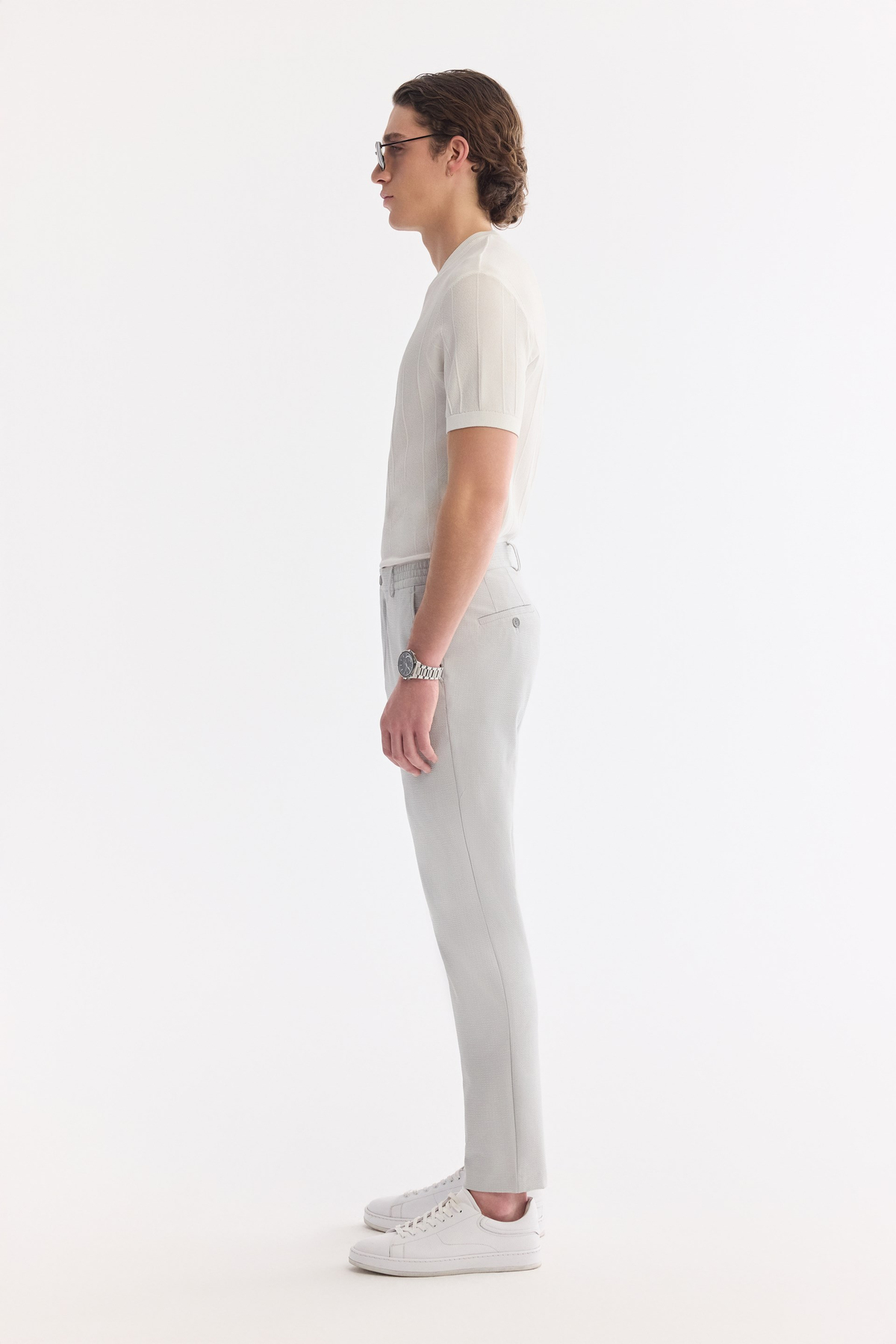 Gri Beli Lastikli Viskon Karışımlı Elastan Chino Pantolon
