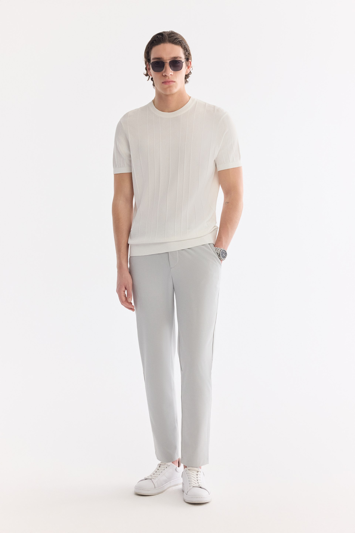 Gri Beli Lastikli Viskon Karışımlı Elastan Chino Pantolon