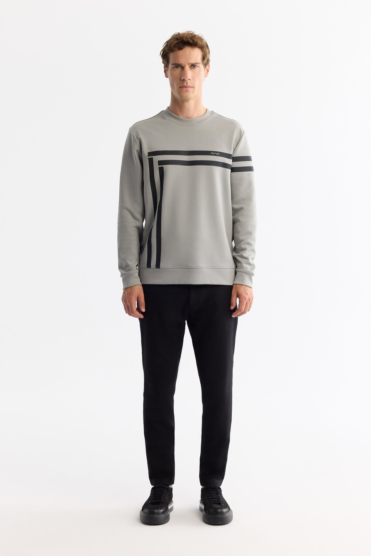 Gri Bisiklet Yaka Baskılı Sweatshirt