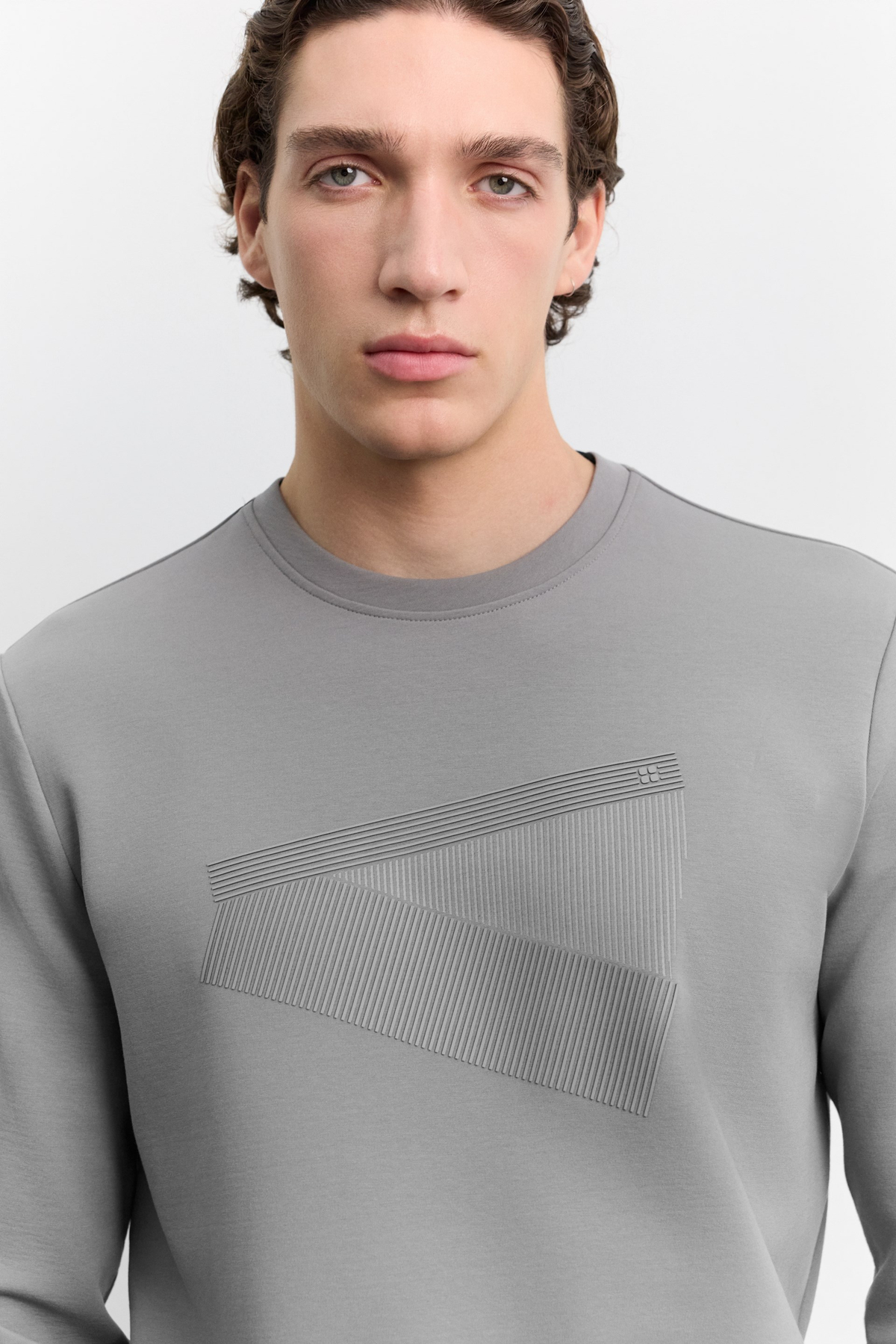 Gri Bisiklet Yaka Enjeksiyon Baskılı İnterlok Sweatshirt