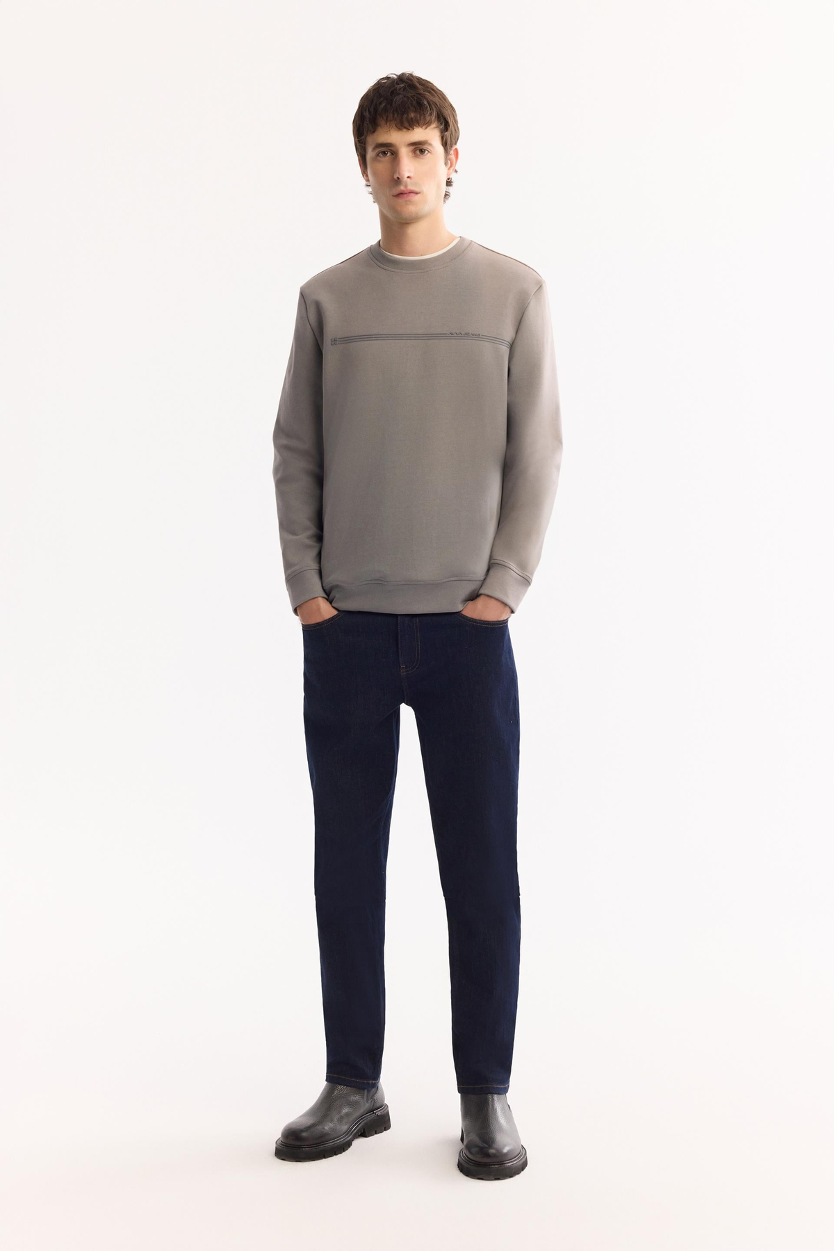 Gri Bisiklet Yaka Enjeksiyon Baskılı İnterlok Sweatshirt