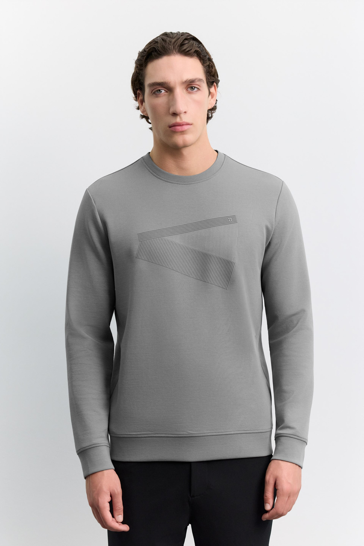 Gri Bisiklet Yaka Enjeksiyon Baskılı İnterlok Sweatshirt