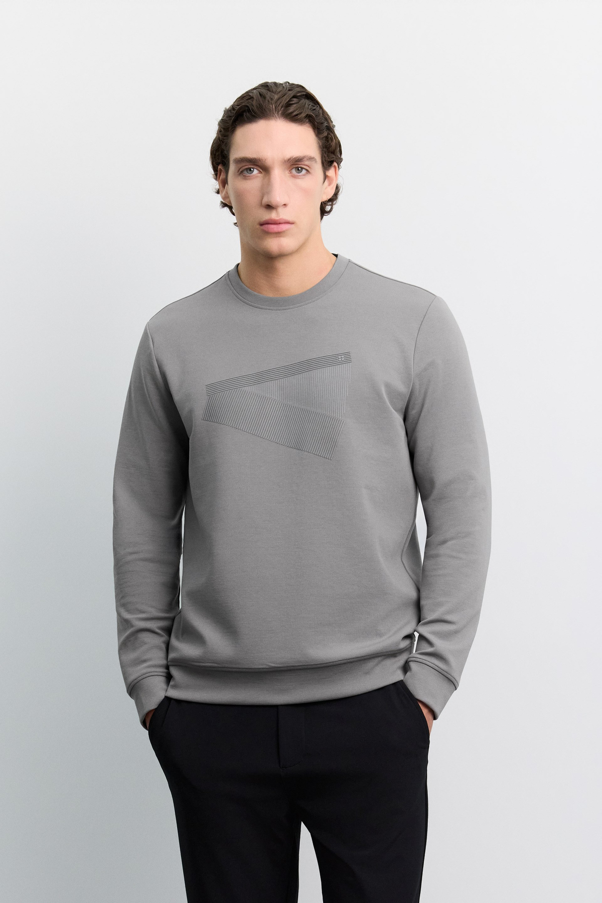 Gri Bisiklet Yaka Enjeksiyon Baskılı İnterlok Sweatshirt