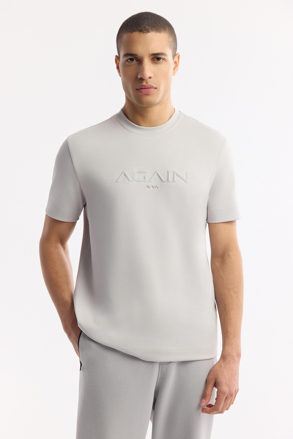 Gri Bisiklet Yaka Hologram Baskılı İnterlok T-Shirt