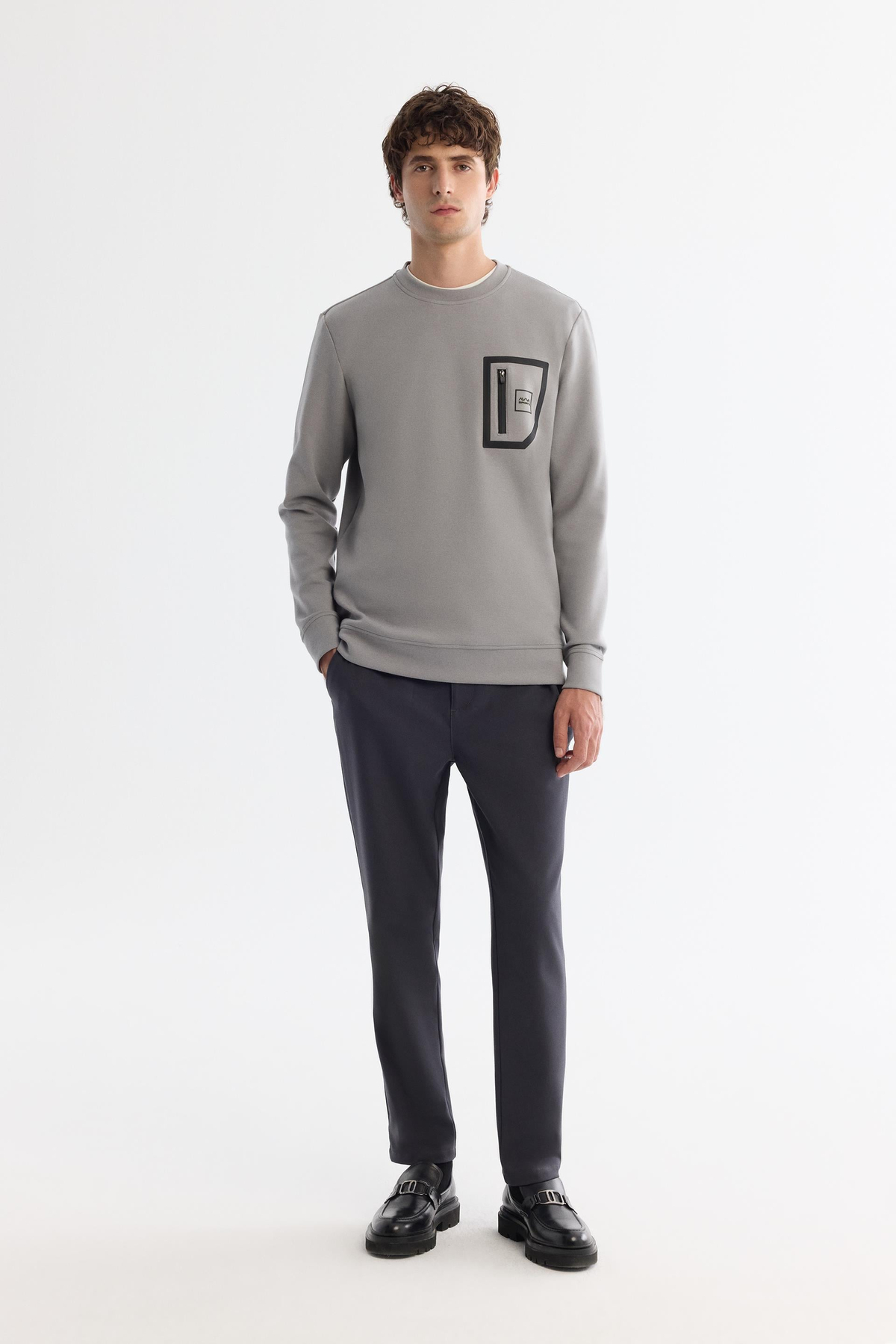 Gri Bisiklet Yaka Pamuklu Baskılı Sweatshirt