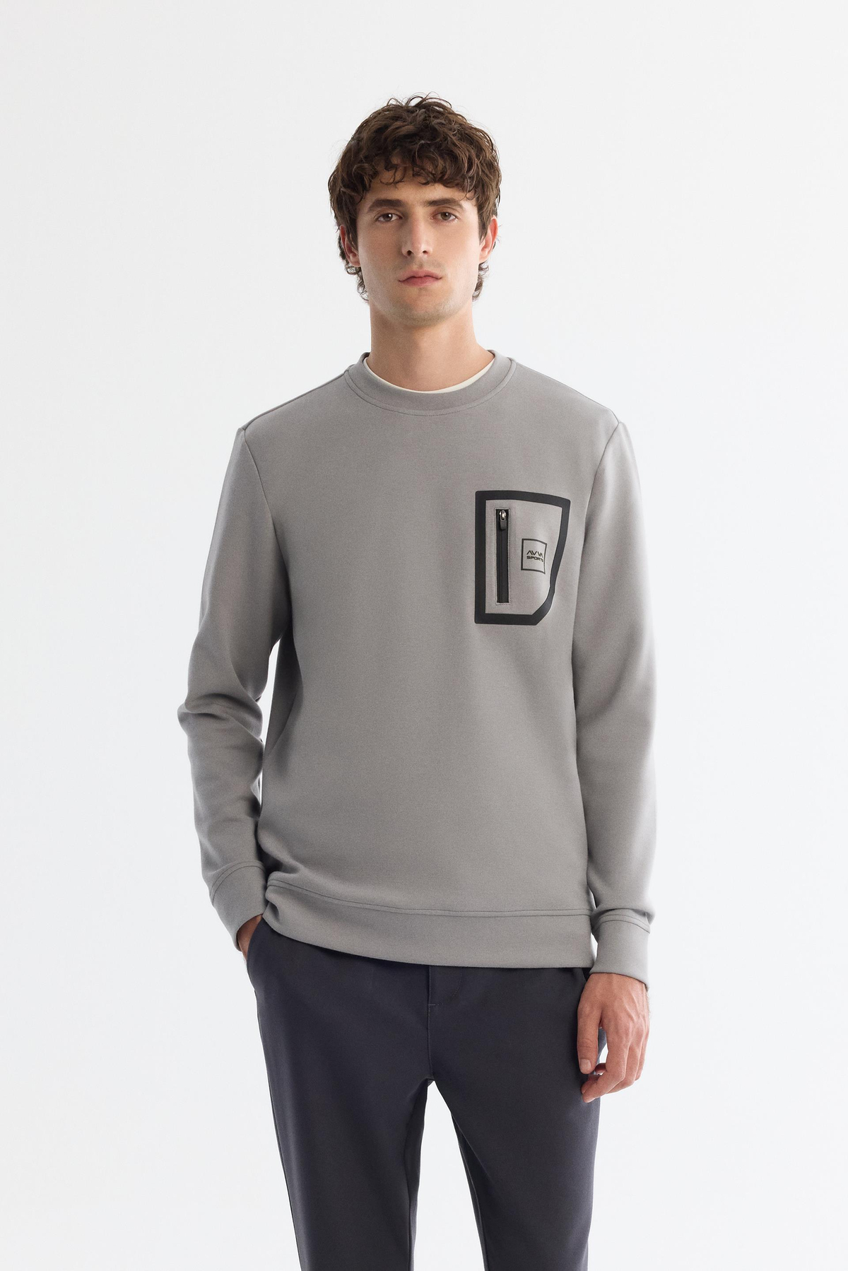 Gri Bisiklet Yaka Pamuklu Baskılı Sweatshirt