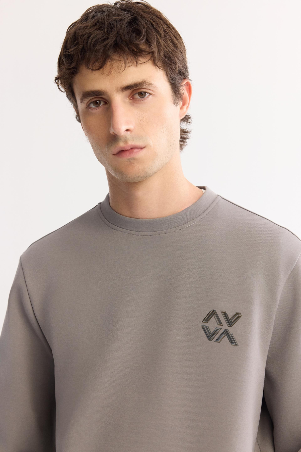 Gri Bisiklet Yaka Piramit Baskılı İnterlok Sweatshirt