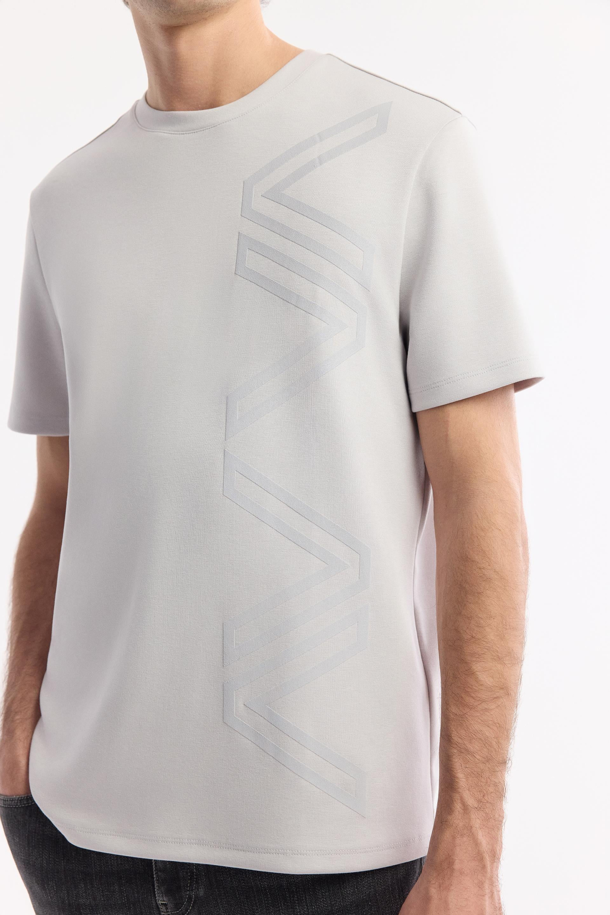 Gri Bisiklet Yaka Puff Print T-Shirt